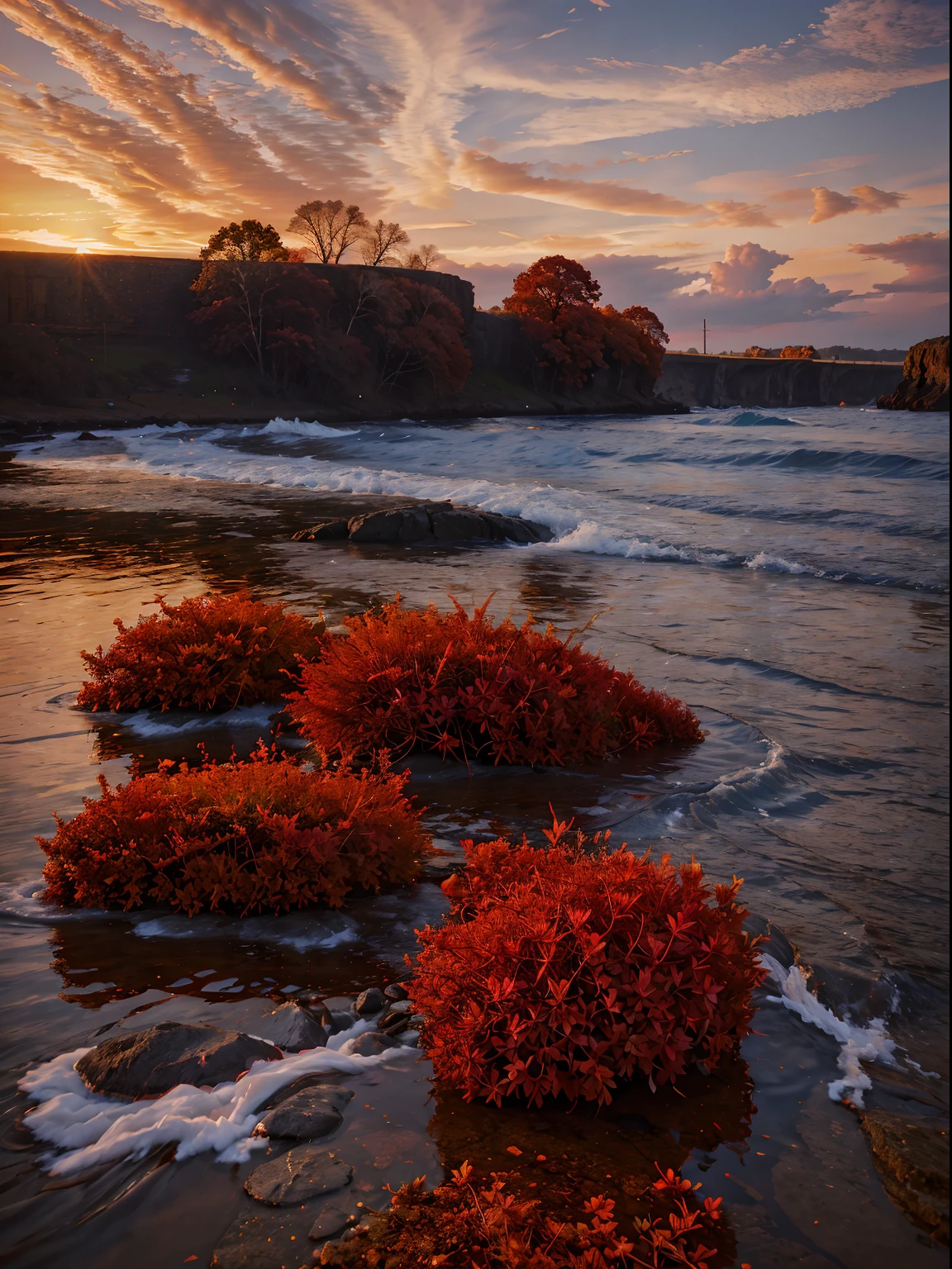 View of fiery red sky meeting water, Merge elements in chaos, ultrarealism oil painting, Epic, Robert Frank, Detailed, Realistic, 8K UHD, High quality,Stone in the foreground, RAW photo, full sharp, Wallpapper 8K UHD, Digital SLR, Soft lighting, High quality, filmgrain, Fujifilm XT3,vivd colour