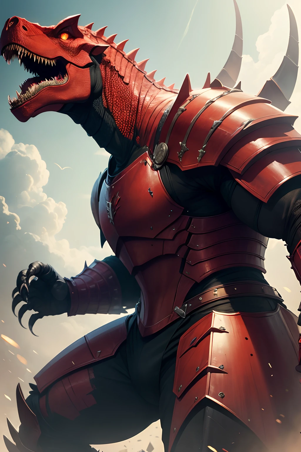 a man with the head and claws of a red tyranosaurus rex, wearing armor