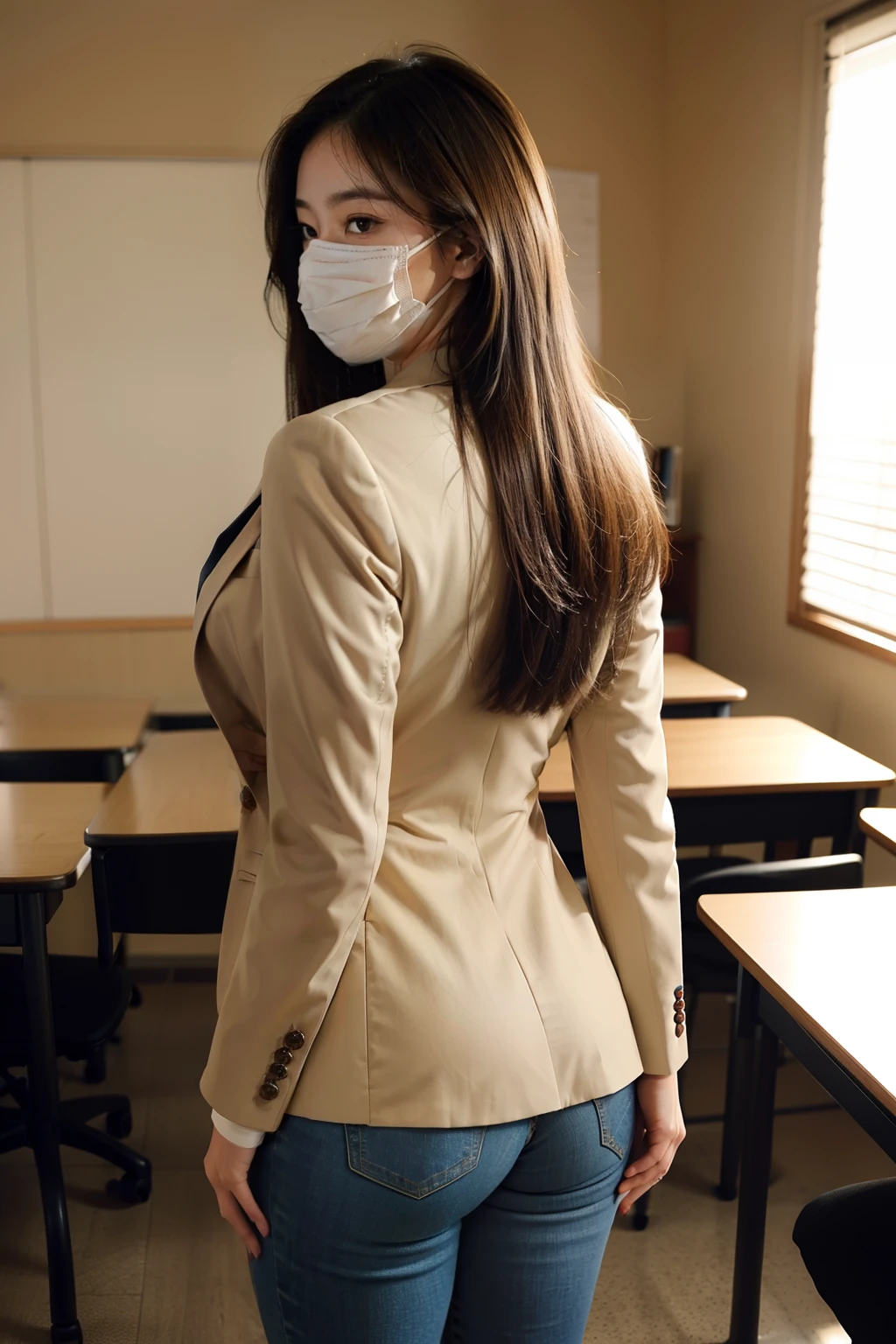Beautiful woman in skinny jeans,Beige suit,Plump buttocks,The back is charming,wearing face mask,In the classroom at dusk,fully body photo,Stand in a corner 20 meters away from the lens