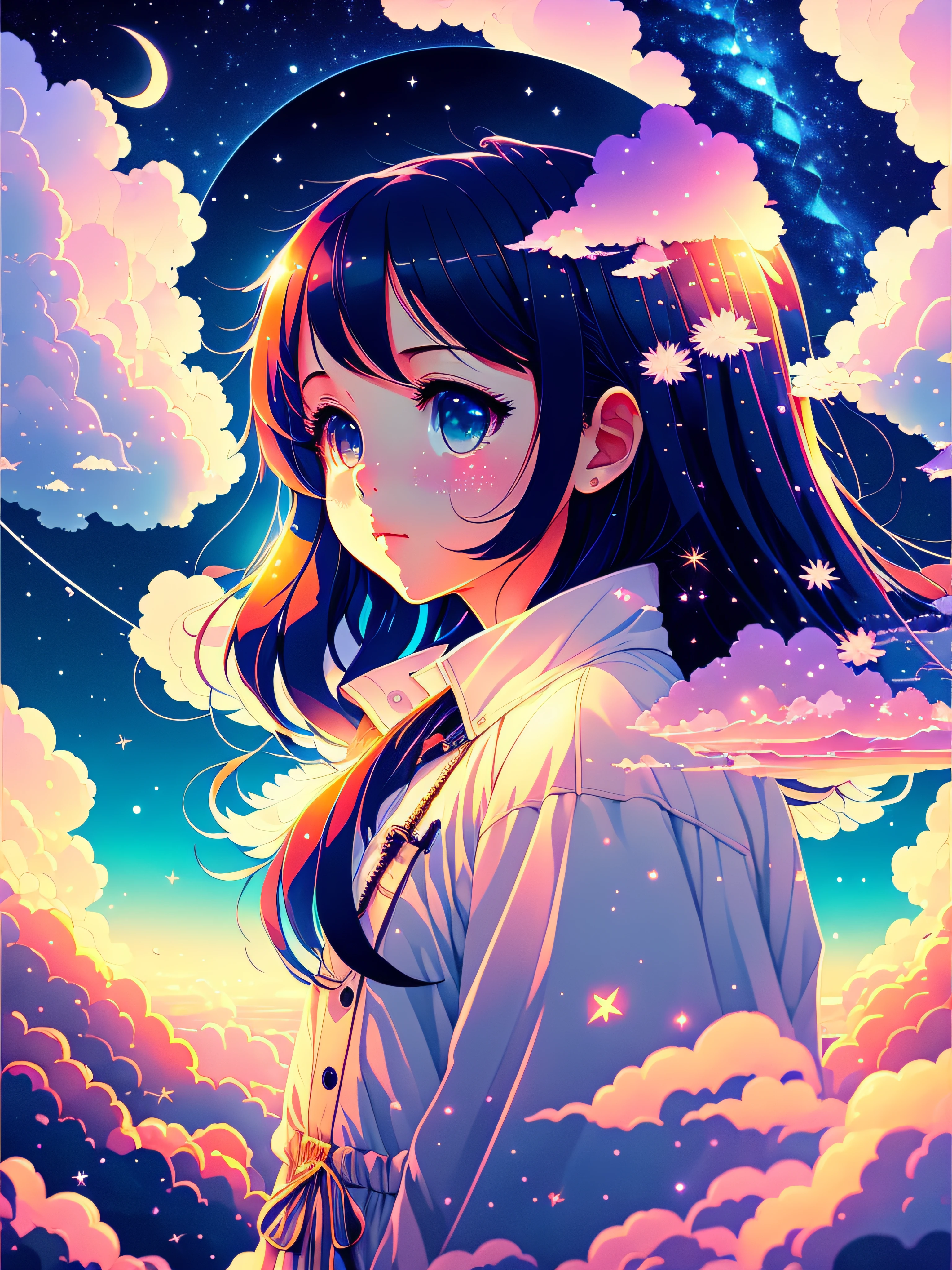 1 girl, eyes, closeup, beautiful night sky, meteor shower, beyond the clouds, enclosed water, reflection, wide angel, breathtaking clouds, wide angle, by Makoto Shinkai, Thomas Kinkade, James Gilliard, by Holosomnia Landscape, HDR, Volumetric lighting, Ray tracing, Complex and high detail, Very detailed, Deviant, 4k vertical wallpaper, colorful, airy, Anime Illustrations, Anime Nature Wallpapers