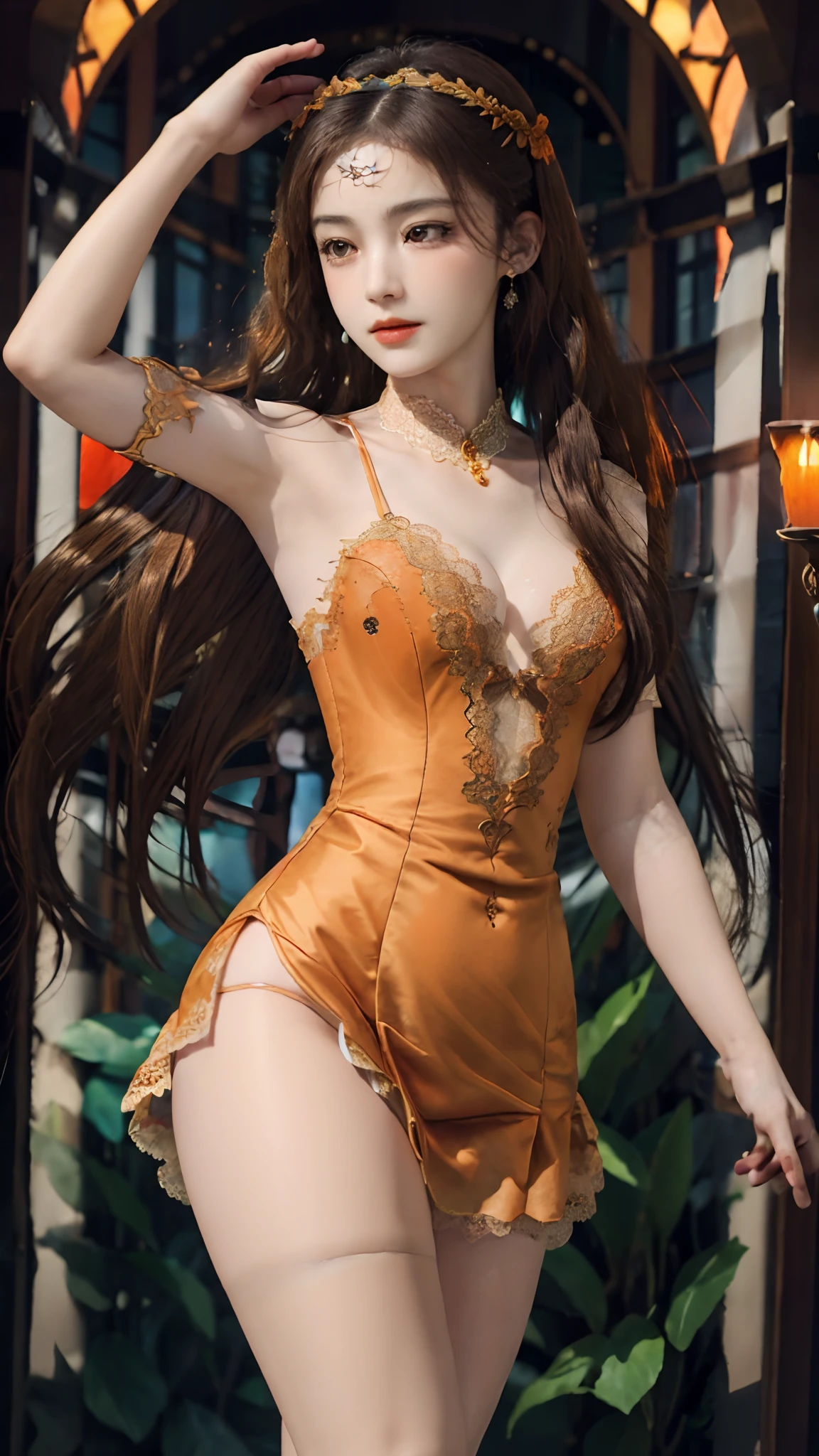 official art, unity 8k wallpaper, ultra detailed, beautiful and aesthetic, High quality, beautiful, masterpiece, best quality, 1 queen, small bust, (round bust:1.5) , (Long hair:1.5) , (zentangle, mandala, tangle, entangle:0.6) , (beautiful dress:1.2) , (orange Lace:1.2) , (bare waist:1) , (thigh high:1.2) , (closed up:1.2) , dancing poses,