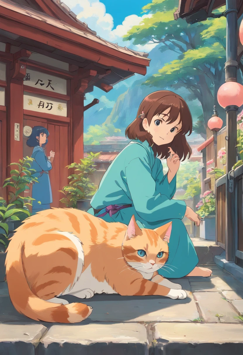 There is a cat at the station,That cat is so cute、Cats are being stroked and fed by everyone,colorful animation stills, Masami Teraoka, aquamarine, paul gauguin, Embry style, Honest portrayal