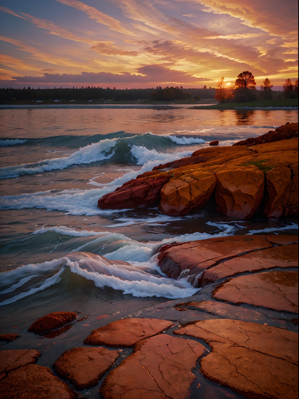 View of fiery red sky meeting water, Merge elements in chaos, ultrarealism oil painting, Epic, Robert Frank, Detailed, Realistic, 8K UHD, High quality,Stone in the foreground, RAW photo, full sharp, Wallpapper 8K UHD, Digital SLR, Soft lighting, High quality, filmgrain, Fujifilm XT3,vivd colour