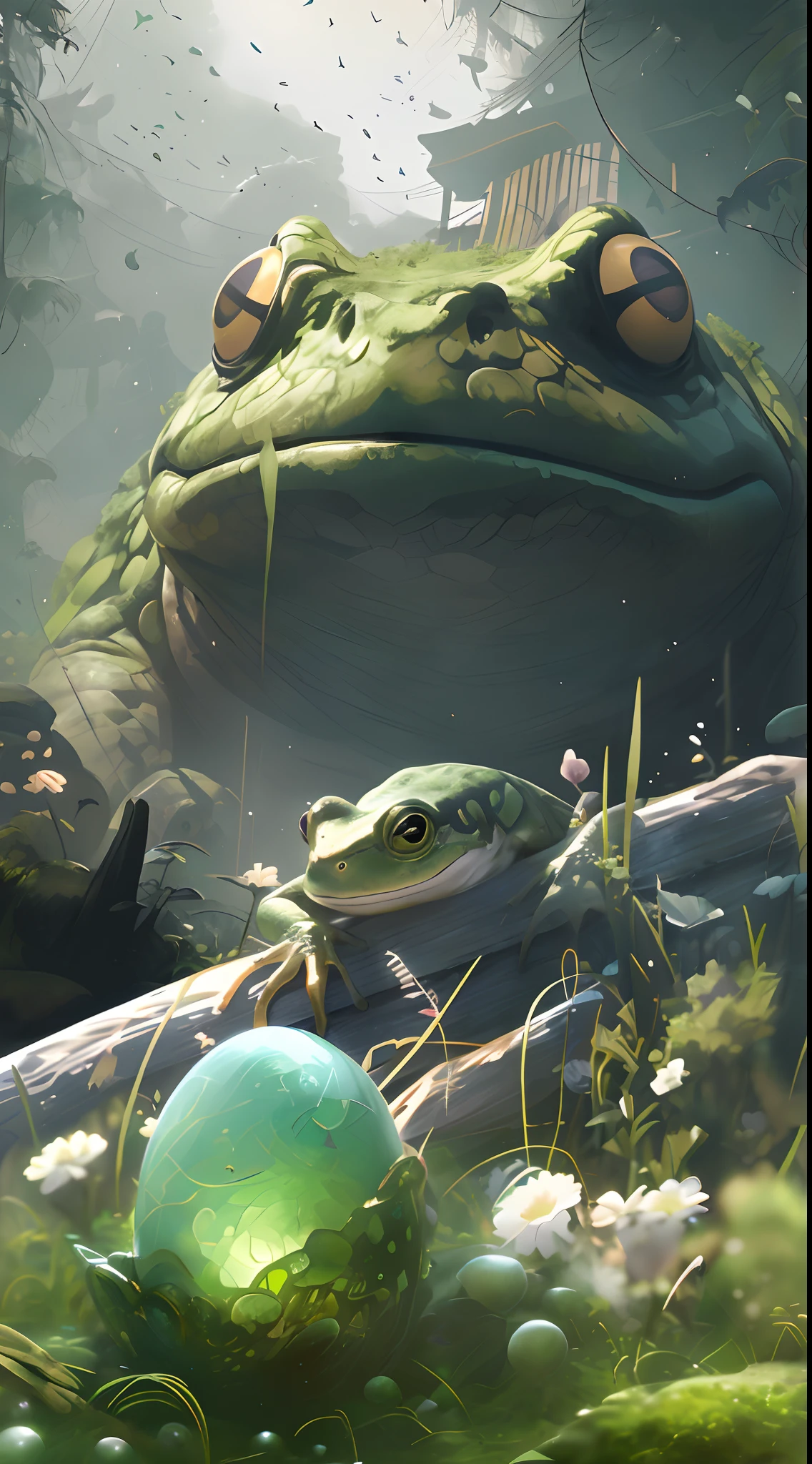 There is a frog sitting next to a green ball, highly realistic concept art, wlop and andrei riabovitchev, art by Wlop and Greg Rutkowski, Concept art wallpaper 4K, wlop and ross thran, frog perspective, Relaxing concept art, award winning concept art, WLOP and Greg Rutkowski, wlop and ross thran