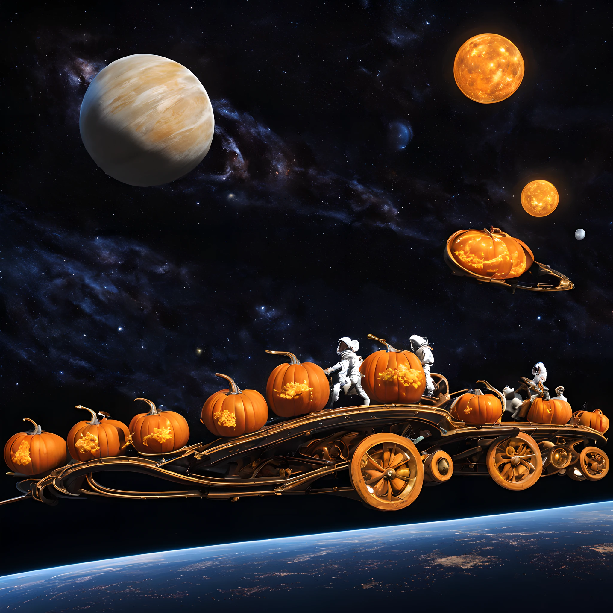 Pumpkin carriage、Pumpkin carriage in a sci-fi world、Spaceship in the shape of a pumpkin carriage、Pumpkin carriage moving through space、cosmic space、Warp Navigation、long exposure time、