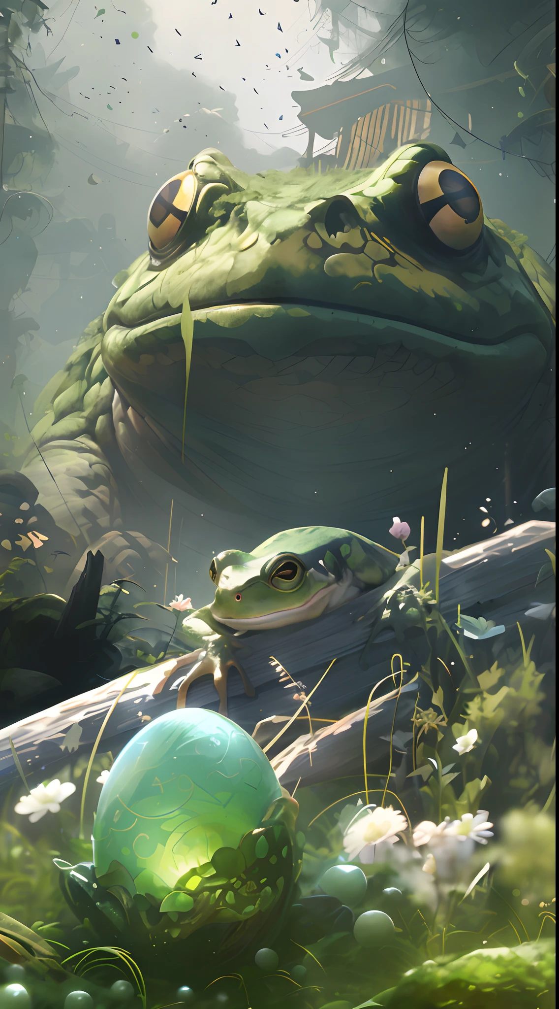 There is a frog sitting next to a green ball, highly realistic concept art, wlop and andrei riabovitchev, art by Wlop and Greg Rutkowski, Concept art wallpaper 4K, wlop and ross thran, frog perspective, Relaxing concept art, award winning concept art, WLOP and Greg Rutkowski, wlop and ross thran