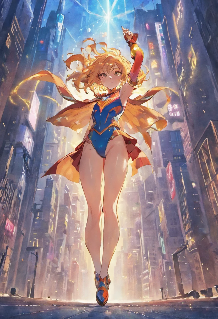 masterpiece, best quality, 1girl, superhero, leotard, bare legs, knee boots, matching boots, heroic, city backdrop, standing, body infused with energy, light particles solo, single, cowboy shot