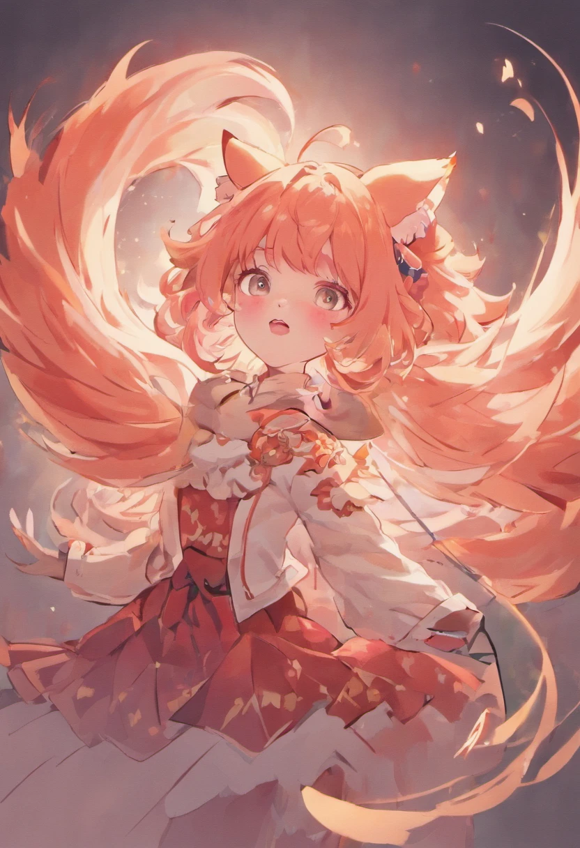 (White background:1.4),(The face of the girl's head, Eyes open, Long pink hair,Pink fox ears，There are nine fluffy fox tails，The tail has a fiery red color at the end， Oriental elements)，(Chinese illustration:1.3，paper art:1.3, Quilted paper art:1.2),( reasonable design, Clear lines, High sharpness,Best quality, Very detailed, Masterpiece, movie light effect, 4K )