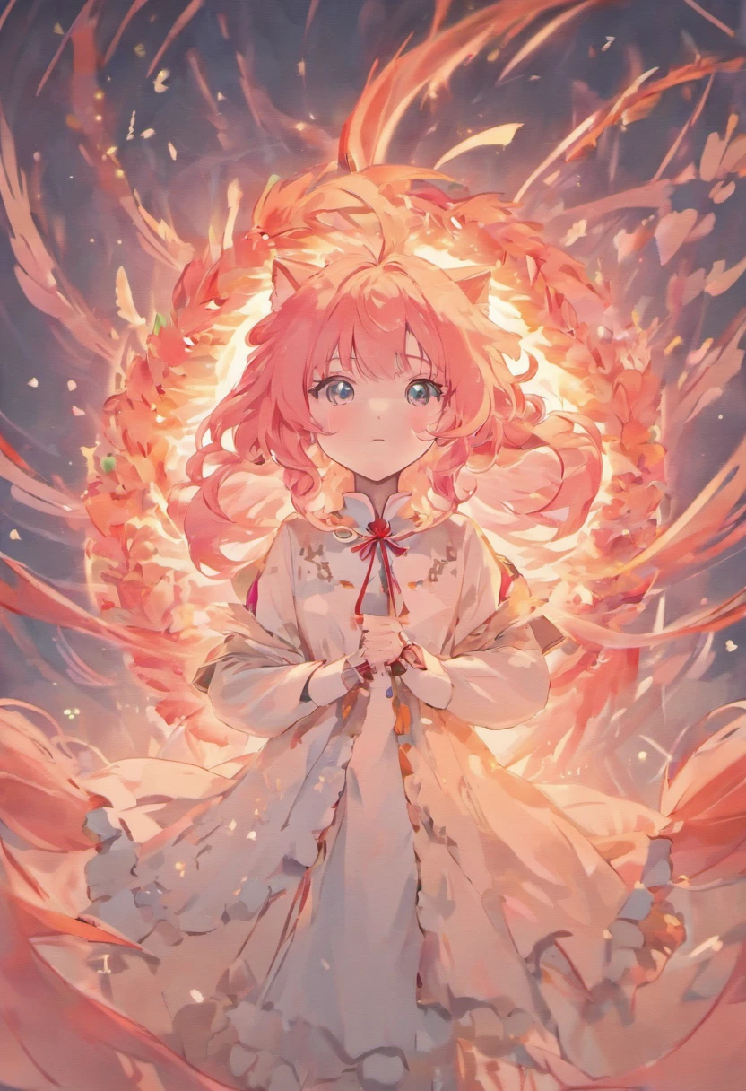 (White background:1.4),(The face of the girl's head, Eyes open, Long pink hair,Pink fox ears,There are nine fluffy fox tails,The tail has a fiery red color at the end, Oriental elements),(Chinese illustration:1.3,paper art:1.3, Quilted paper art:1.2),( reasonable design, Clear lines, High sharpness,Best quality, Very detailed, Masterpiece, movie light effect, 4K )