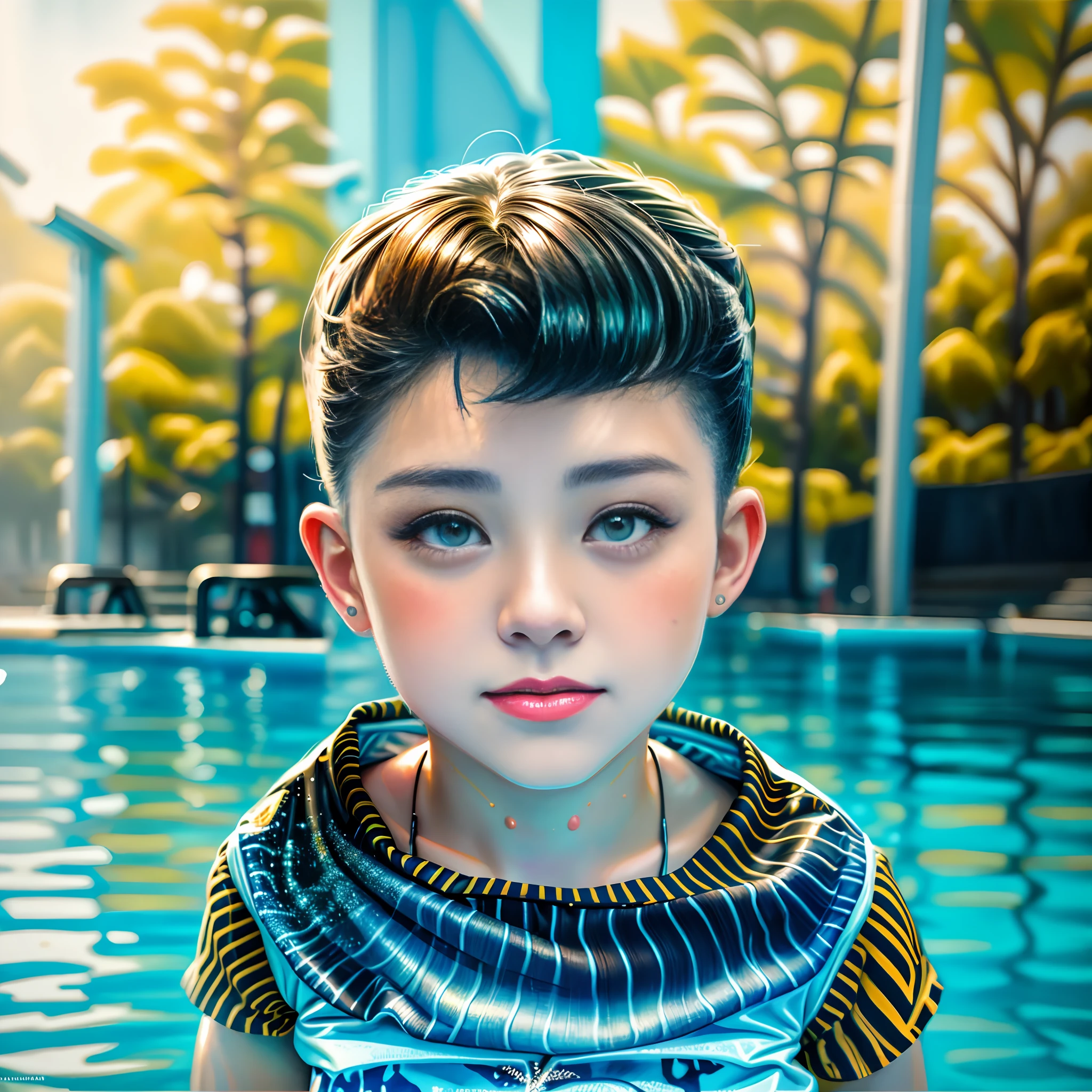 A closeup of a young woman in a yellow hat in a swimming pool, pintura realista da menina bonito, Pintura realista, Estilo de arte realista, Nice realistic painting, Art not Guweiz style, pintura realista detalhada, Pintura digital realista, Arte Digital Ilya Kuvshinov, realistic oil painting, pintura digital ultra realista, Estilo de pintura realista, pintura detalhada realista