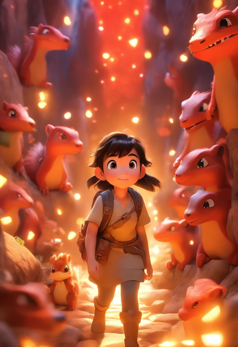 （Pixar style),A five-year-old Chinese girl，In a cave，Large backpack，A chest full of gold coins and gems，A squirrel，A red dinosaur，Miniature character model, Light source from right to left, Rum lighting, Light source from right to left, Realistic proportions, Post-processing, ((Orthogonal perspective)), Super detail, Realistic, Super realistic, photoreal render,