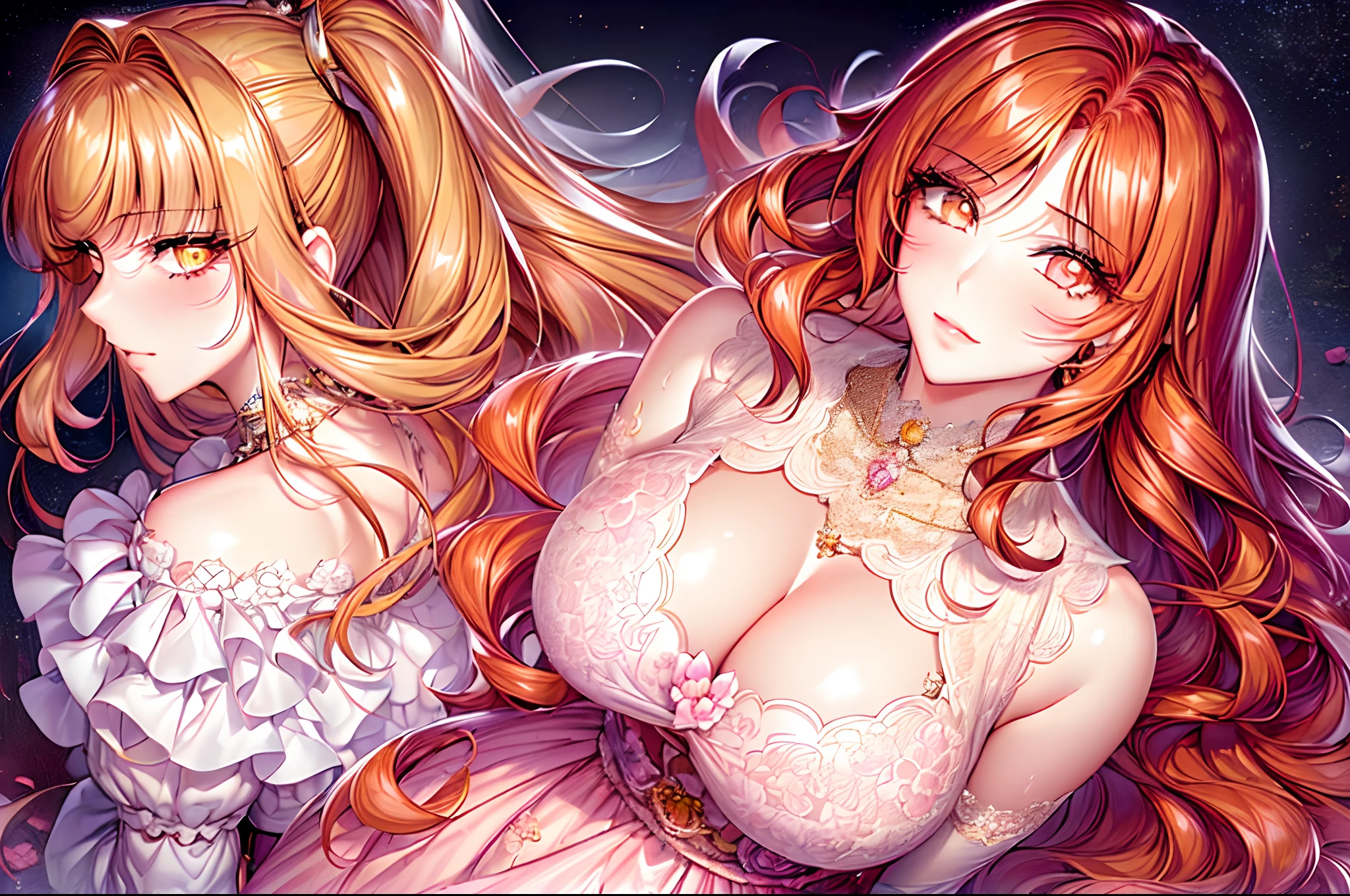 (shoujo-style), ((romance manhwa)), (2girls aligned:1.3), couple, orange hair, parted bangs, small smile, makeup, mascara, long eyelashes, tiara, necklace, earrings, jewelry, white dress, pink dress, purple dress, (close up), (shiny glossy skin), puffy sleeve, cleavage, (floral background:1.2), flower, masterpiece, best quality, hires