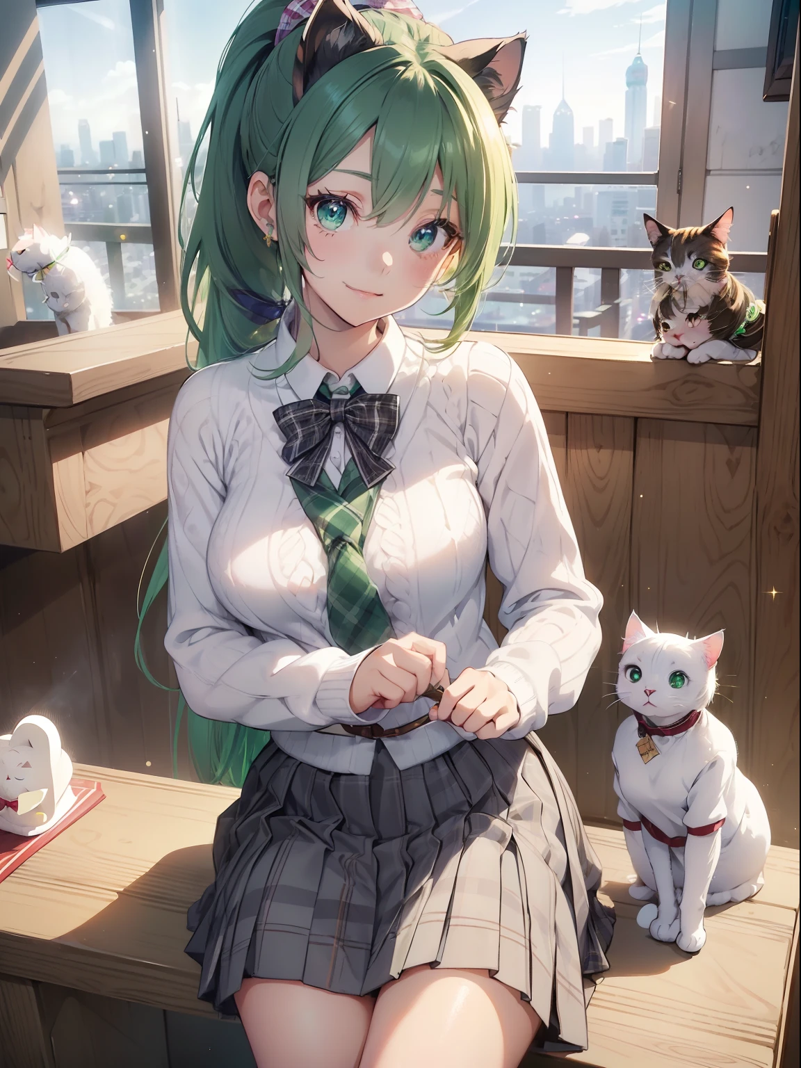masutepiece, High resolution, 8K, anime woman, Delicate and detailed writing 、Detailed digital illustration、absurdly long hair、(((Ponytail)))、Shiny hair、a very beautiful woman、Eyes are double, Large,Little hanging eyes、 Bust E Cup、High image quality, High quality、Detailed background、、The inside of the eye shines like a diamond、(((Dark green hair)))、Gradient pupil、(((2 arms、4 fingers, 1 thumb)))、Detailed female face、a very beautiful woman、、细致背景、​masterpiece、Soft Focus , Bright gradient watercolor , Lens Flare , (((Glitter))) , Glow , Dreamy ,a miniskirt、Idol、Light Green Ribbon、Very beautiful light green rose hair accessories、Light green and gold costume with white as the main color、((Macroface))、(Cool Girl).Tall lady、Dignified.((No bangs))、Eyes with blue gradient glow、Full smile、(((Face Close-up)、(((Winding check stall))) 、(School Uniforms:1.2), (wearing a white knitted sweater over a white shirt,,,,,,,:1.3), (Plaid pleated skirt:1.3),(((Foreign-style cityscape(((1girl in,1cat)))1girl in,1cat)))
