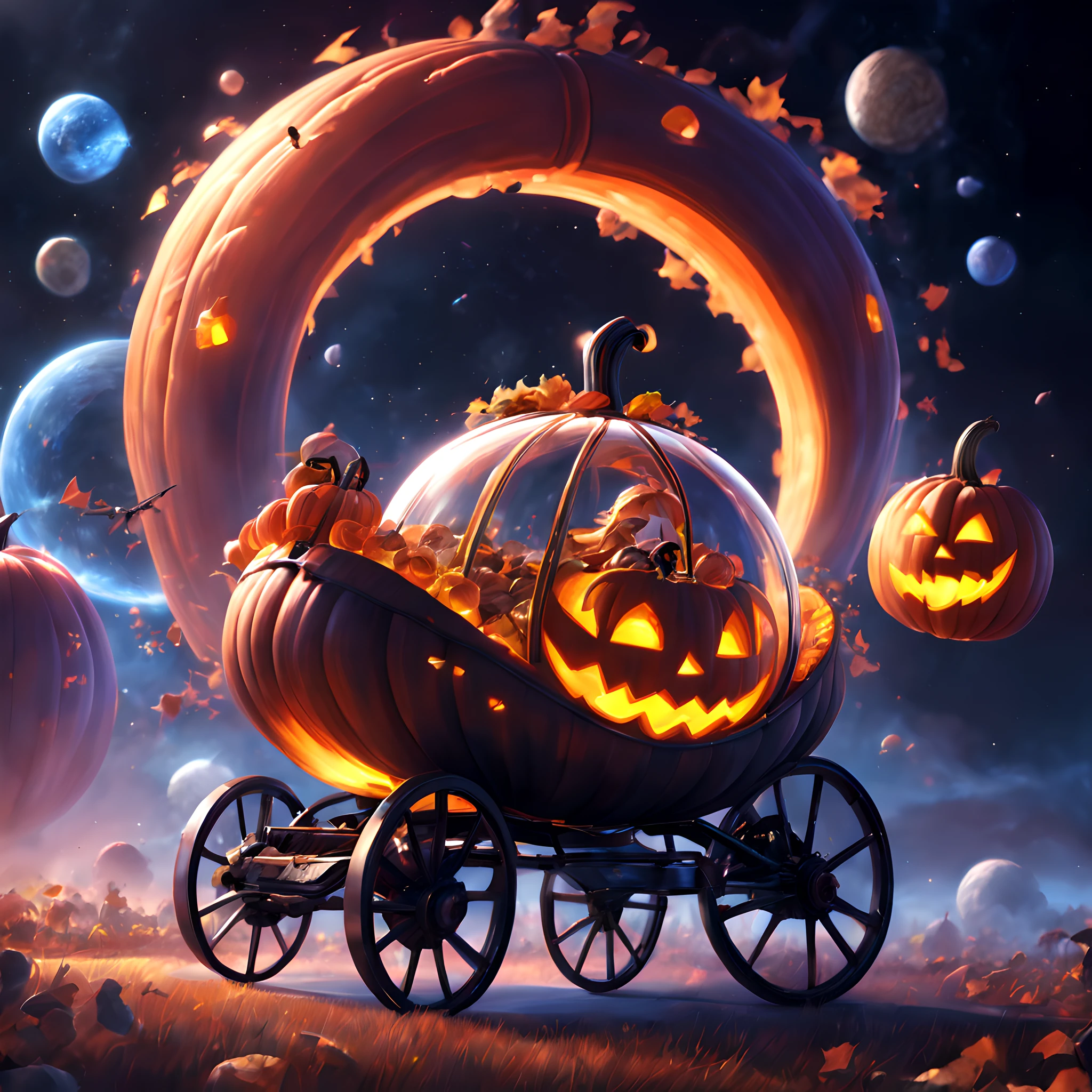 Pumpkin carriage、Pumpkin carriage in a sci-fi world、Spaceship in the shape of a pumpkin carriage、Pumpkin carriage moving through space、cosmic space、Warp Navigation、long exposure time、