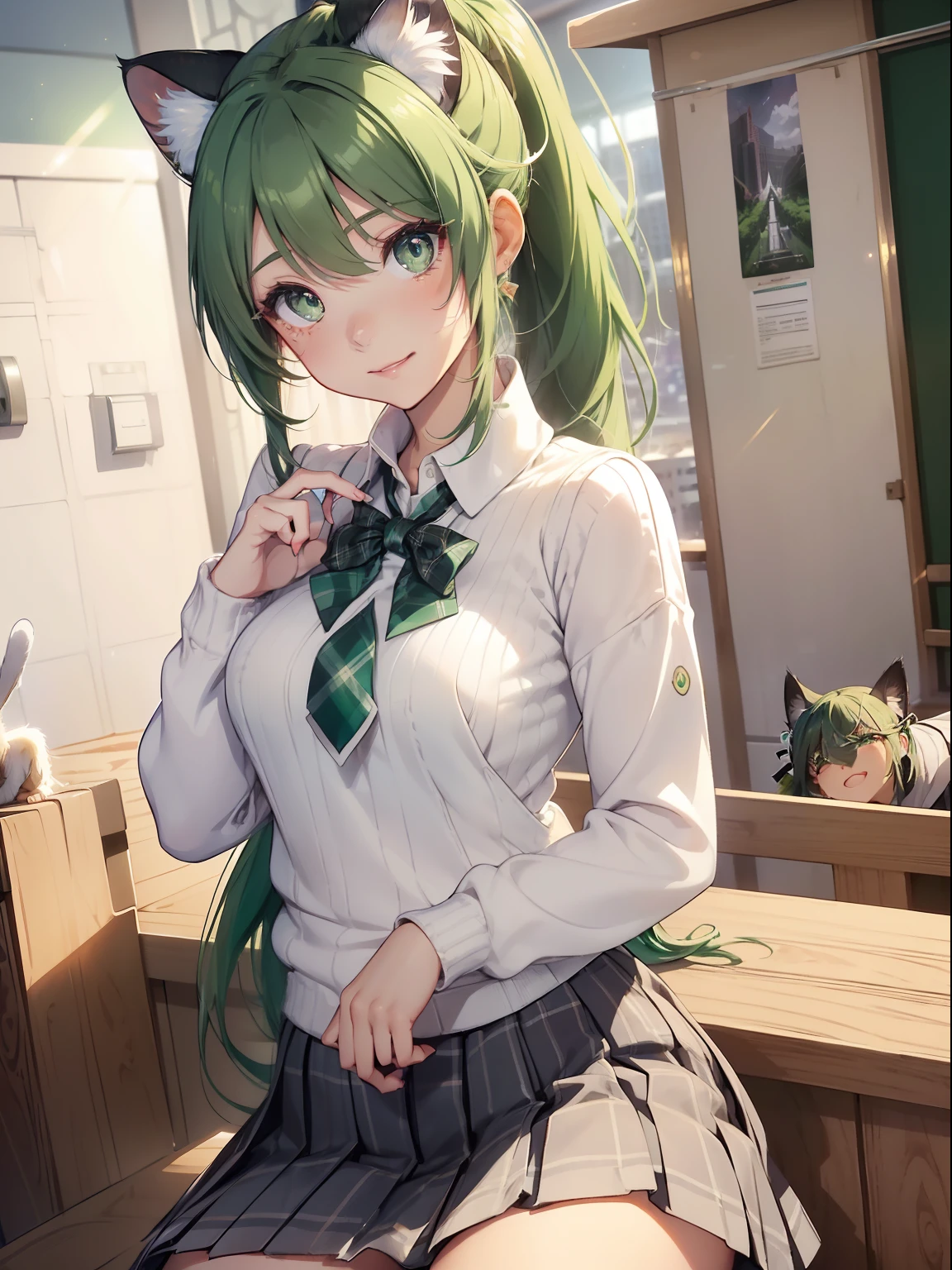 masutepiece, High resolution, 8K, anime woman, Delicate and detailed writing 、Detailed digital illustration、absurdly long hair、(((Ponytail)))、Shiny hair、a very beautiful woman、Eyes are double, Large,Little hanging eyes、 Bust E Cup、High image quality, High quality、Detailed background、、The inside of the eye shines like a diamond、(((Dark green hair)))、Gradient pupil、(((2 arms、4 fingers, 1 thumb)))、Detailed female face、a very beautiful woman、、细致背景、masterpiece、Soft Focus , Bright gradient watercolor , Lens Flare , (((Glitter))) , Glow , Dreamy ,a miniskirt、Idol、Light Green Ribbon、Very beautiful light green rose hair accessories、Light green and gold costume with white as the main color、((Macroface))、(Cool Girl).Tall lady、Dignified.((No bangs))、Eyes with blue gradient glow、Full smile、(((Face Close-up)、(((Winding check stall))) 、(School Uniforms:1.2), (wearing a white knitted sweater over a white shirt,,,,,,,:1.3), (Plaid pleated skirt:1.3),(((Foreign-style cityscape(((1girl in,1cat)))1girl in,1cat)))