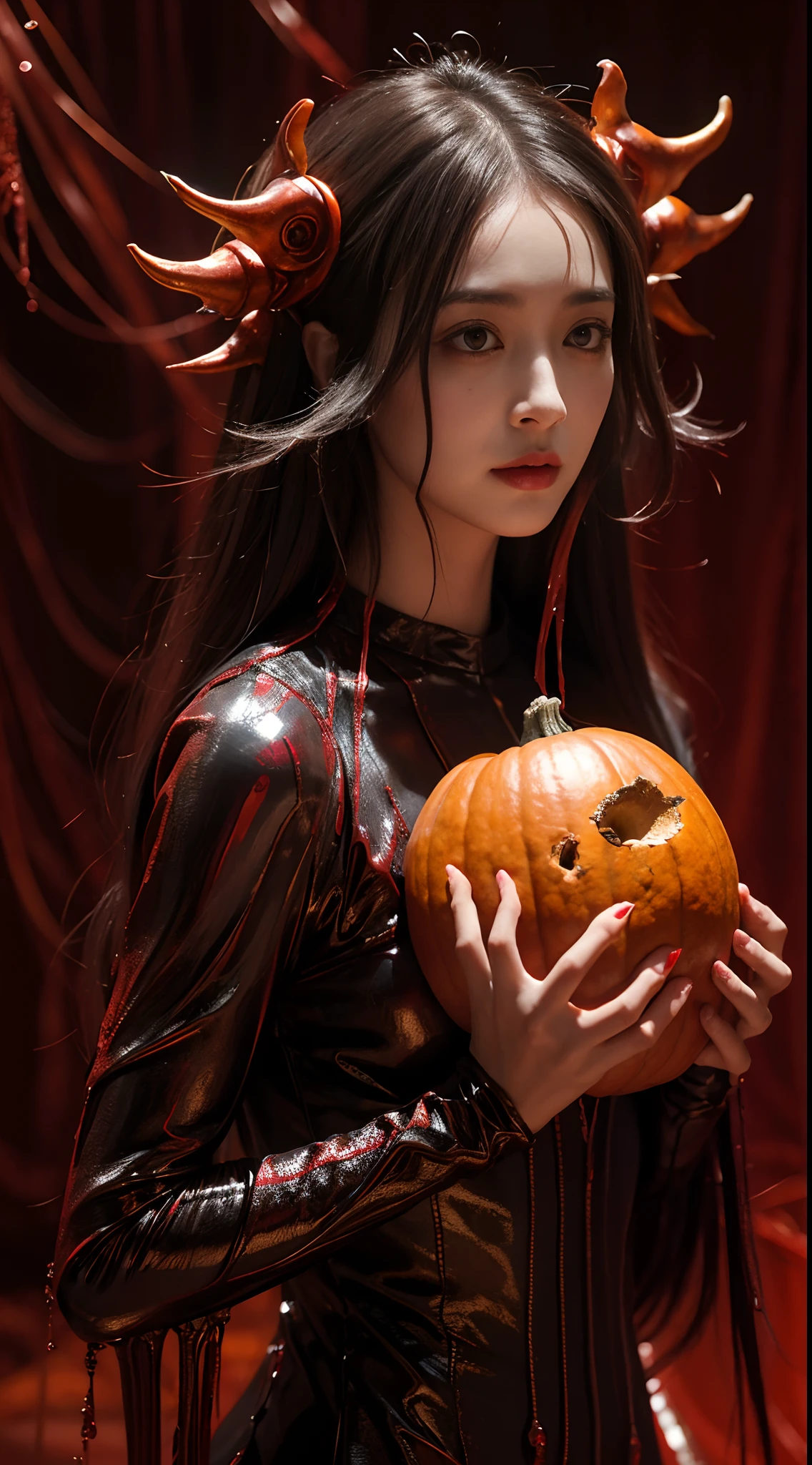 Dilraba Dilmurat, beautiful female alien humanoid with Pumpkin as head, dripping crimson goo tendrils as hair, metallic biological hangar background, HR Giger horror style, photorealistic, DSLR, HDR