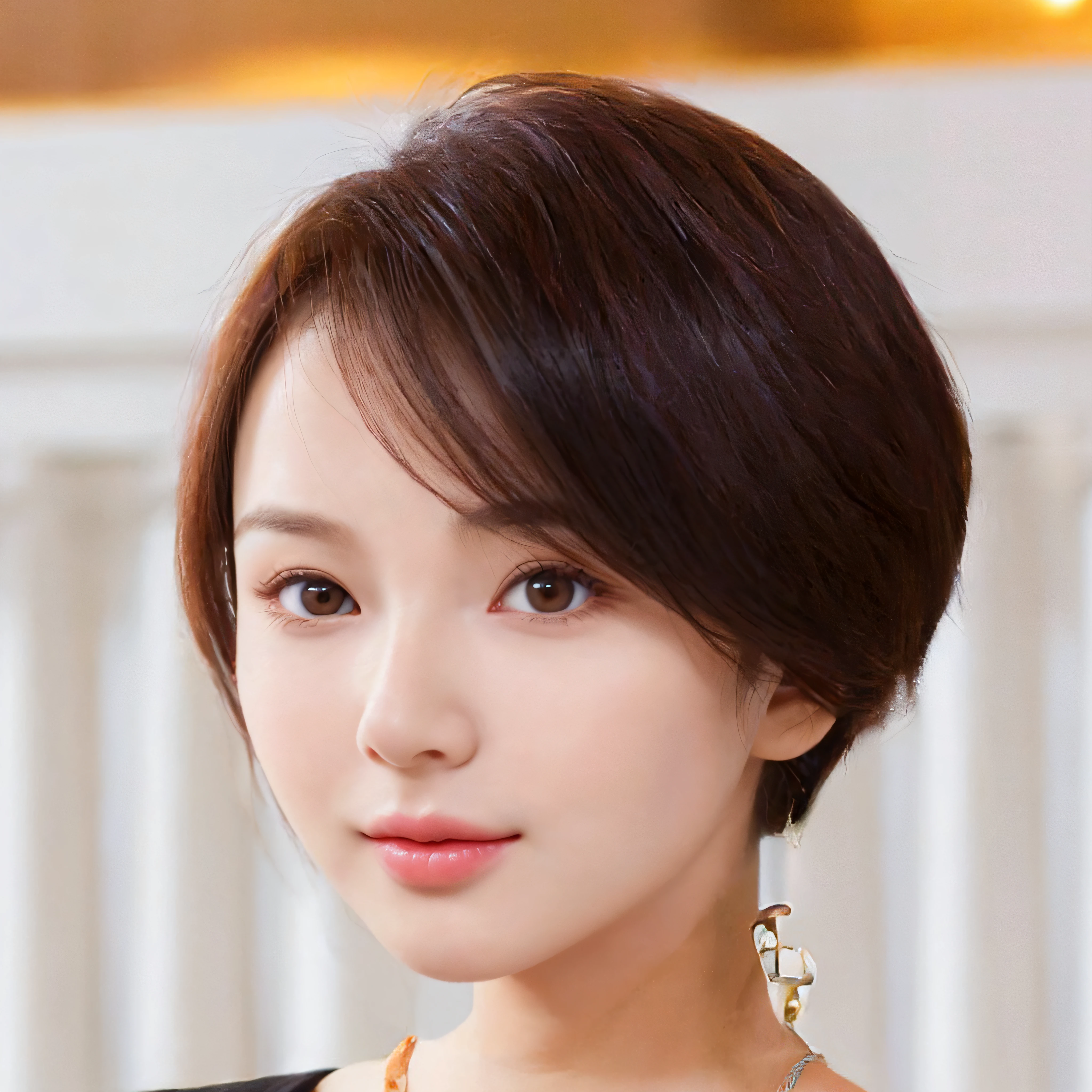 Bring out your forehead、Hairstyle is divided horizontally、No bangs、Centered on the eyes, nose and mouth、nose and mouth small、little smiling、Narrow forehead、natural make up(8k, RAW photo, best quality, masterpiece:1.2), (realistic, photo-realistic:1.4), (extremely detailed 8k wallpaper), sharp focus, depth of field, cinematic lighting, soft light,20 years old cute