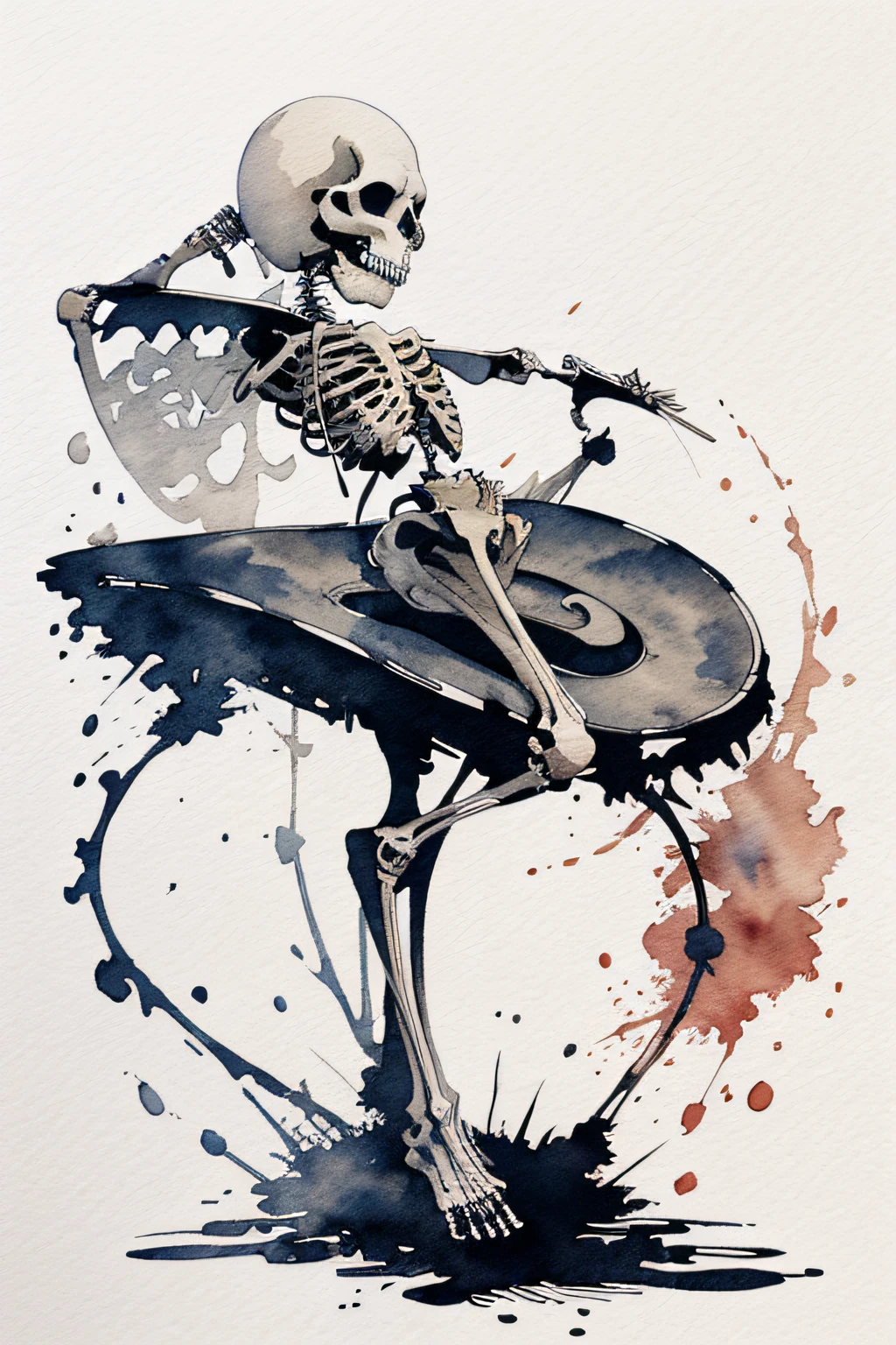 Skeletons have long, slender fingers that would be perfect for playing all sorts of musical instruments, such as the piano, guitar, violin, or drums, , vector, minimalistic, ink drawing, watercolor splash, detailed, water color splash, detailed, anime, illustration