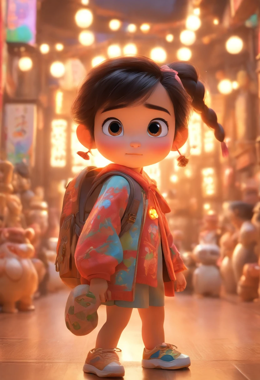 (Pixar style),A five-year-old Chinese girl,Large backpack,chests,Pedras preciosas、gold coins,Miniature character model, Light source from right to left, Rum lighting, Light source from right to left, Realistic proportions, Post-processing, ((Orthogonal perspective)), Super detail, Realistic, Super realistic, photoreal render,