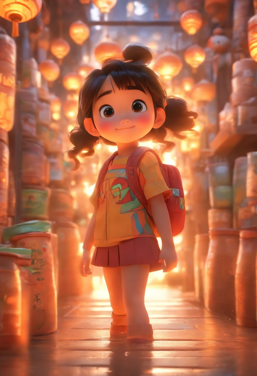 (Pixar style),A five-year-old Chinese girl,Dangerous caves,backpacks,Miniature character model, Light source from right to left, Rum lighting, Light source from right to left, Realistic proportions, Post-processing, ((Orthogonal perspective)), Super detail, Realistic, Super realistic, photoreal render,