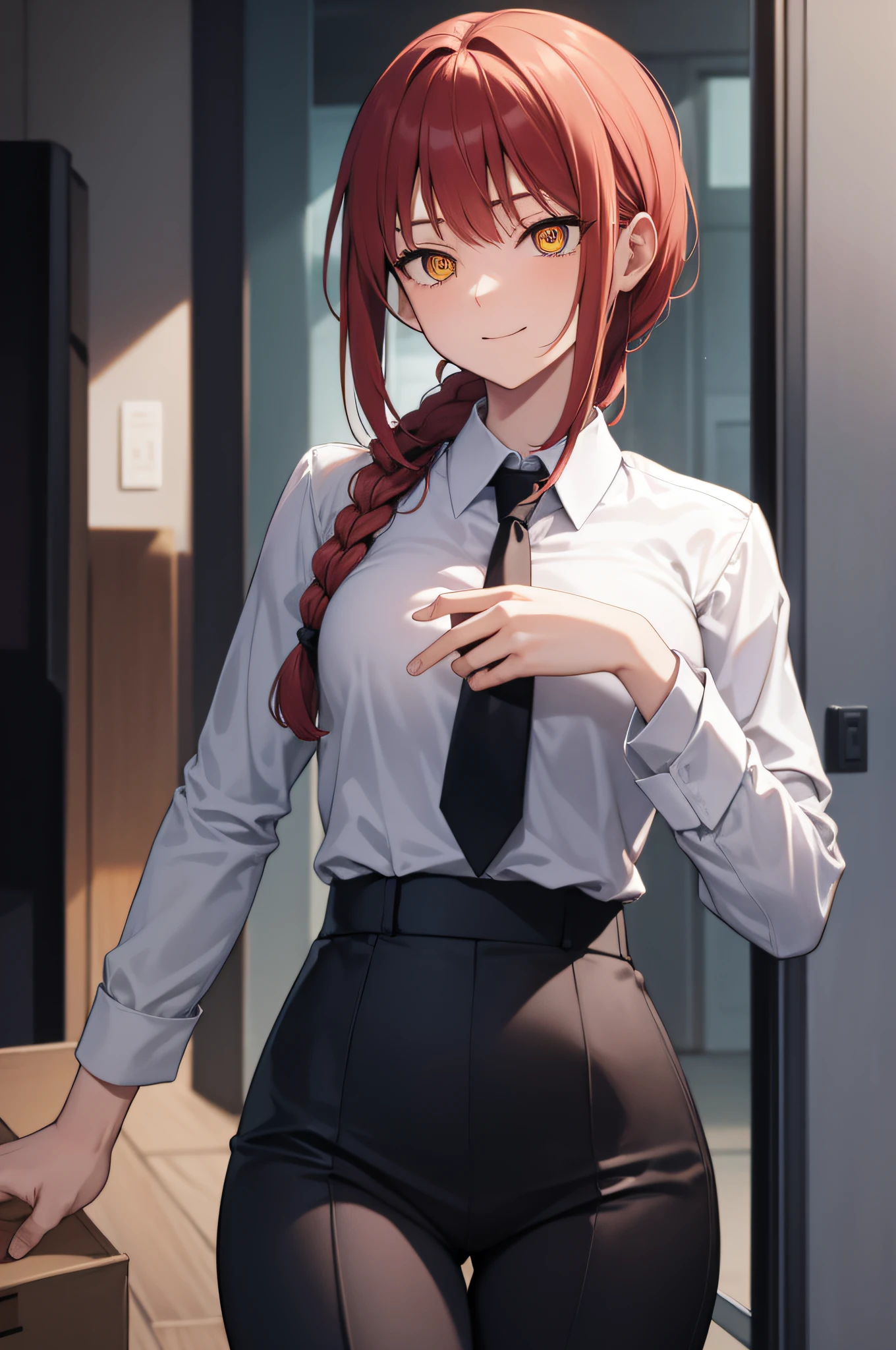 makima, long hair, smile, bangs, small breasts, (yellow eyes:1.2), braid, red hair, braided ponytail, ringed eyes, BREAK  shirt, long sleeves, jacket, white shirt, necktie, collared shirt, pants, black jacket, black pants, formal, suit, black necktie, shirt tucked in, office lady, BREAK indoors, office, BREAK looking at viewer, BREAK (masterpiece:1.2), best quality, high resolution, unity 8k wallpaper, (illustration:0.8), (beautiful detailed eyes:1.6), extremely detailed face, perfect lighting, extremely detailed CG, (perfect hands, perfect anatomy),