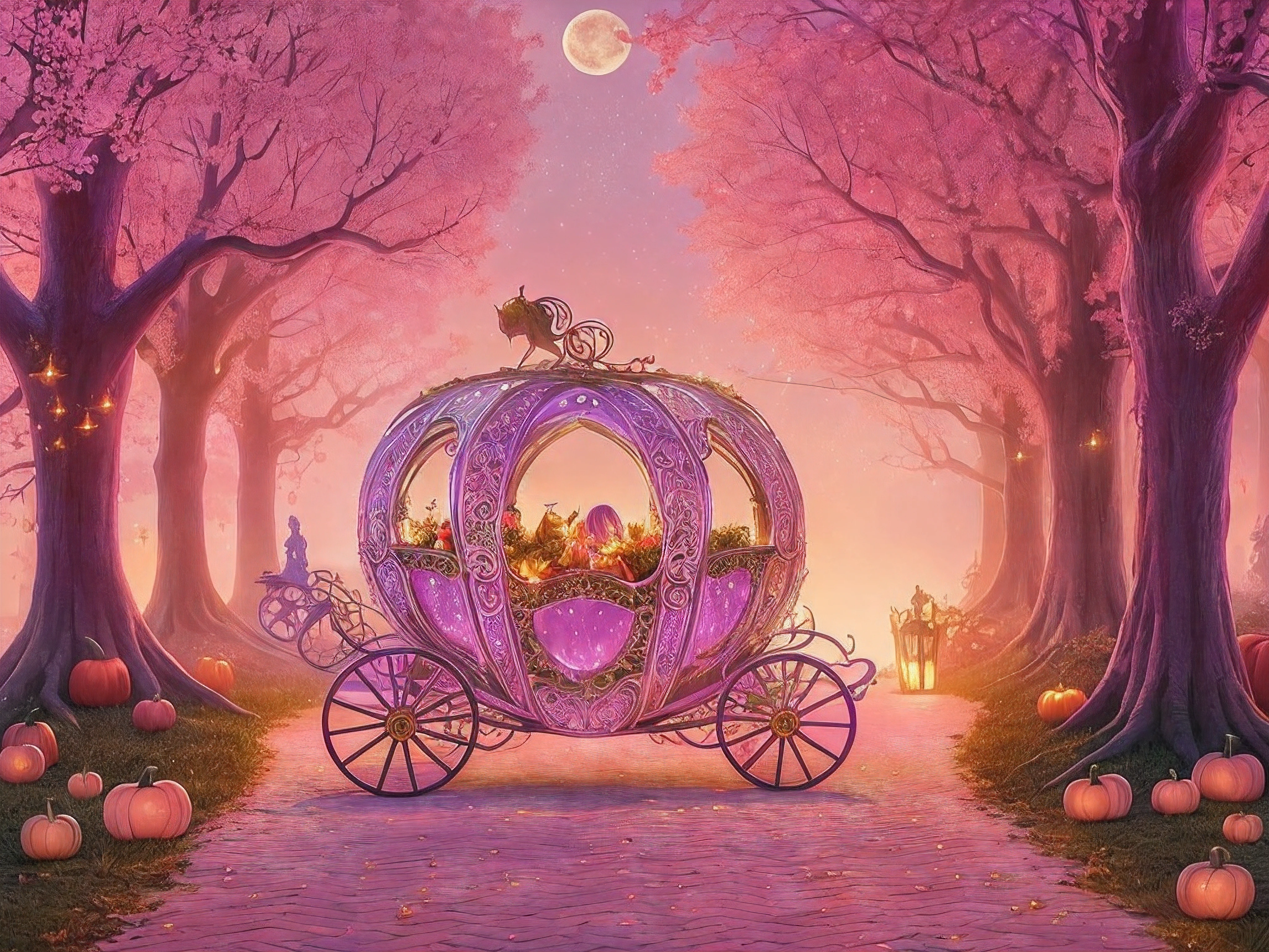 (pink) Pumpkin carriage, (vibrant colors, high saturation, rich hues) magical scene, (fairytale) fantasy, (detailed) ornate carriage, (golden) carved pumpkin, (glittering) crystal windows, (sparkling, illumination:1.2) carriage lights, (elegant) ivory lace curtains, (flowing) velvet seat, (royal) cochlea shape, (delicate) filigree patterns, (enchanted) forest background, (mysterious) fog, (twinkling) fireflies, (full moon:1.1) illuminating the night sky, (mystical) shadowy figures, (whimsical) tall trees, (silhouette) casted by the moonlight, (glistening) dewdrops on leaves, (flickering) candlelight, (dancing) autumn leaves, (magic spell:1.2) engraved on the carriage floor, (surrounded by)enchanted vines, (floating) fairies, (ethereal) glow, (dreamlike) transformation, (elegantly dressed) princess, (charming) prince, (happily ever after) ending.