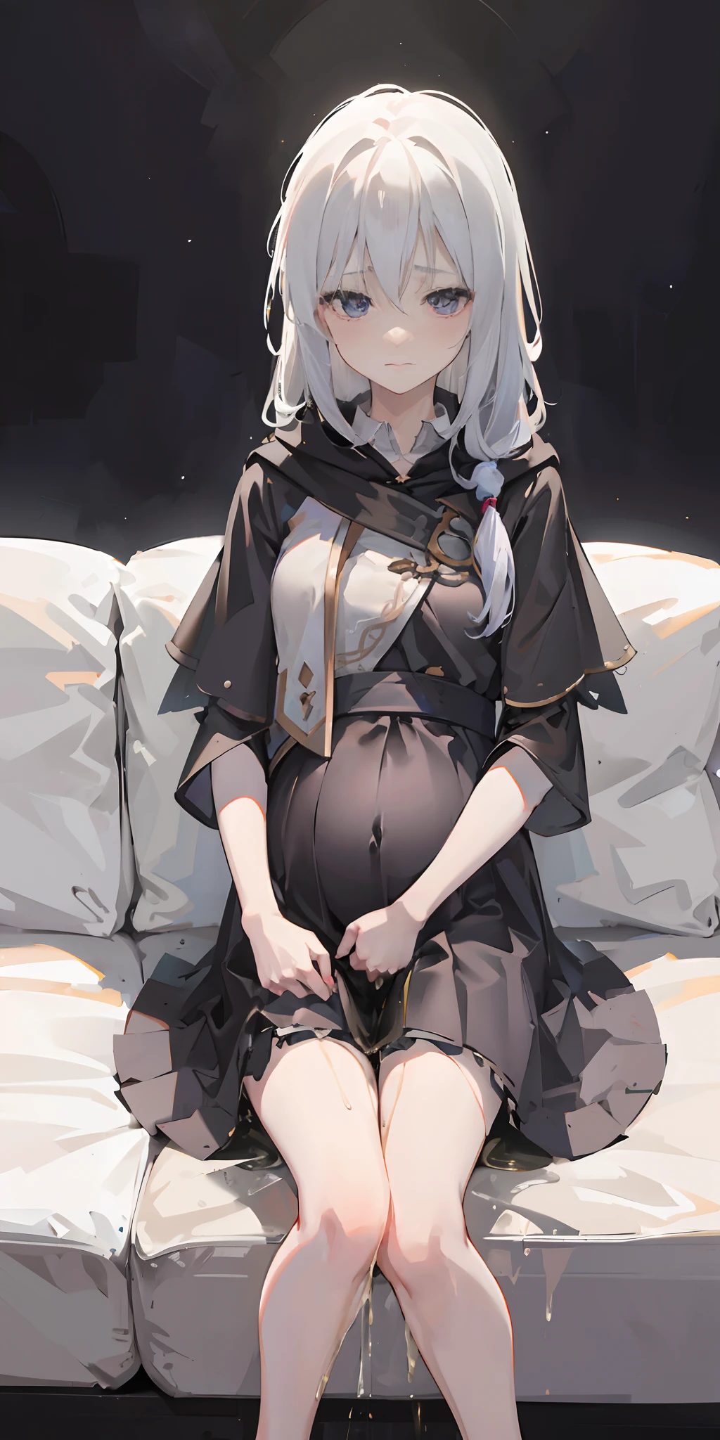 Elaina,white ash hair, anime girl, white shirt,black skirt, (black cloak:1.2), pale face, sweating, heavy breath, blushing, pregnant, Pregnant  belly, (best quality:1.2), ultra-detailed,realistic ,portraits, vivid colors, soft lighting, interesting PoV, (pee is white:0.7), spread kneel, Lie down  on sofa, (the girl is leaked pee: 0.7), stocking, spread leg,