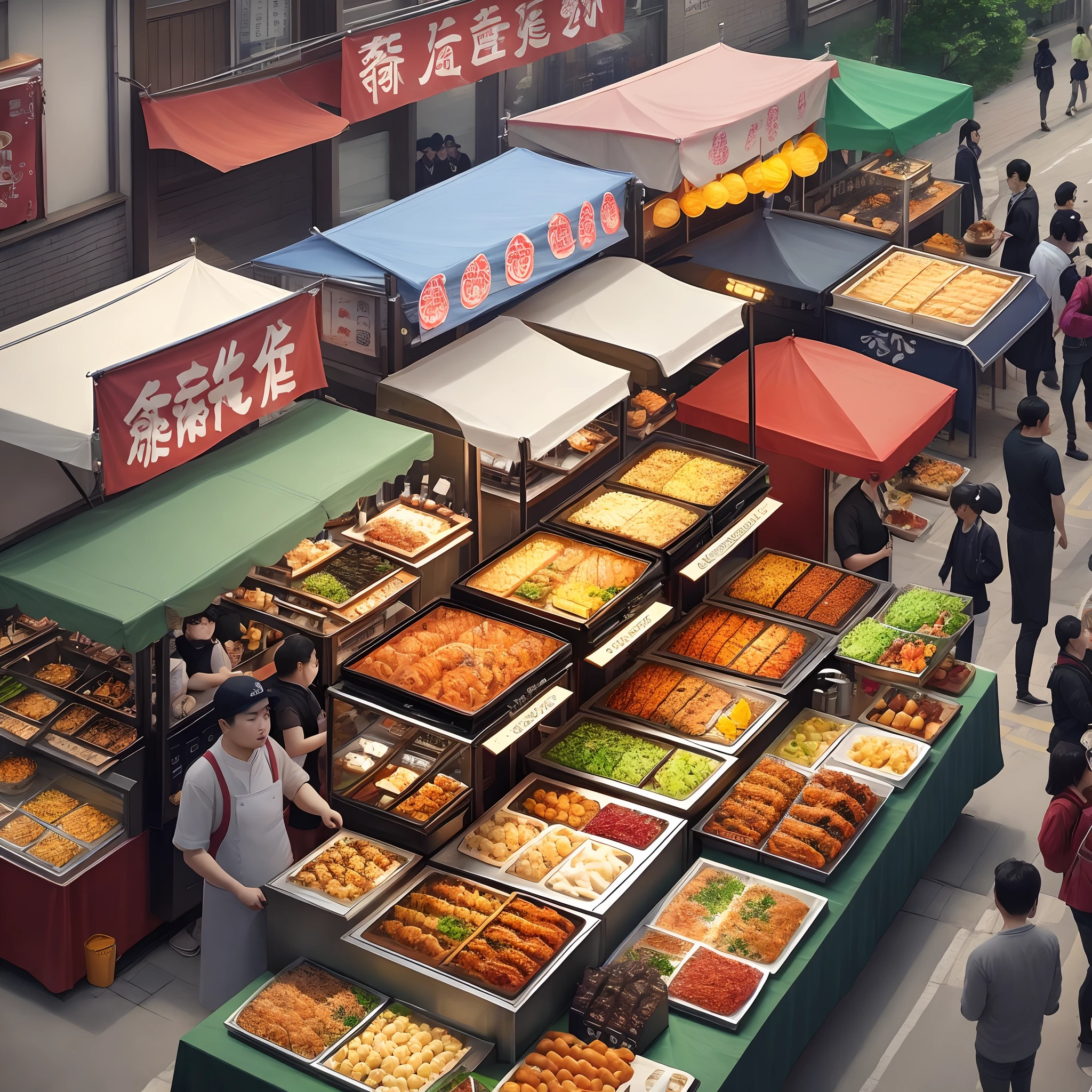 Opening screen:Busy street with food stalls。 The camera dives from the air,Showcase a variety of cuisines and crowds。