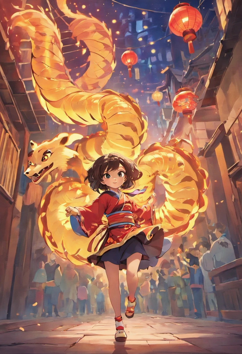 DreamWorks Kung Fu Panda style,Look up,UE5,A child in a Tang costume dances a happy dragon,lion dance,Lanterns are hung on both sides,Fireworks
