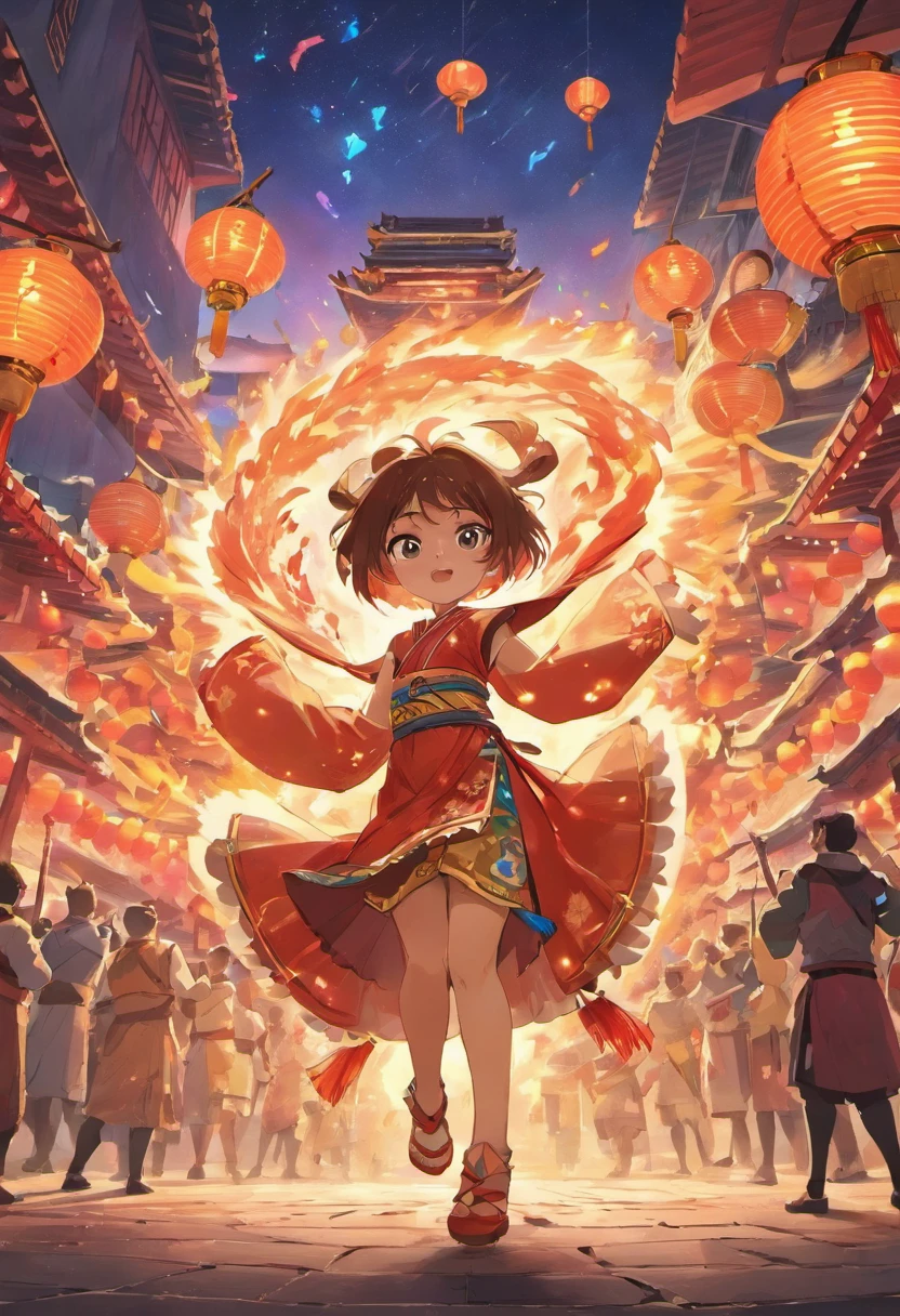 DreamWorks Kung Fu Panda style，Look up，UE5，A child in a Tang costume dances a happy dragon，lion dance，Lanterns are hung on both sides，Fireworks