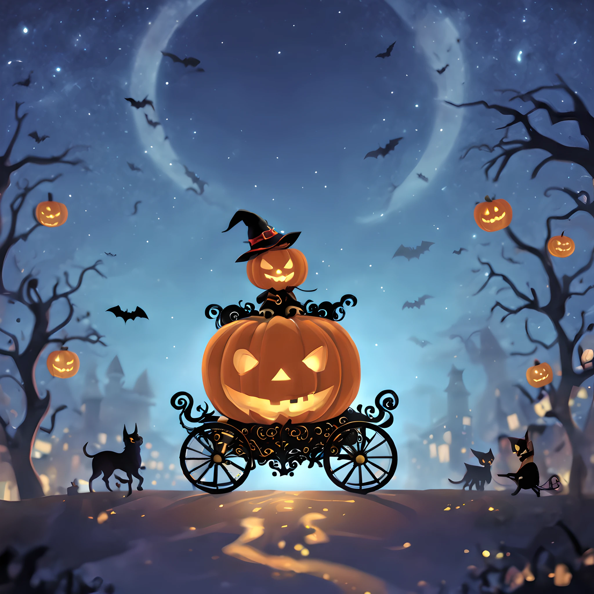 (halloween theme:1.5), (Pumpkin Carriage:1.5), chibi emote, flying starry sky like a movie "ET", Like the famous scene of the movie ET、Pumpkin Carriage soars through the sky、under huge full moon, silhuette、