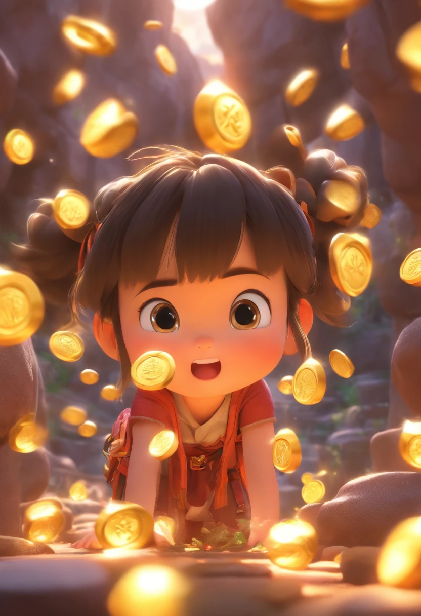 (Pixar style),A -year Chin girl,hole in the mountains,Large backpack,A chest full of gold coins and gems,Miniature character model, Light source from right to left, Rum lighting, Light source from right to left, Realistic proportions, Post-processing, ((Orthogonal perspective)), Super detail, Realistic, Super realistic, photoreal render,