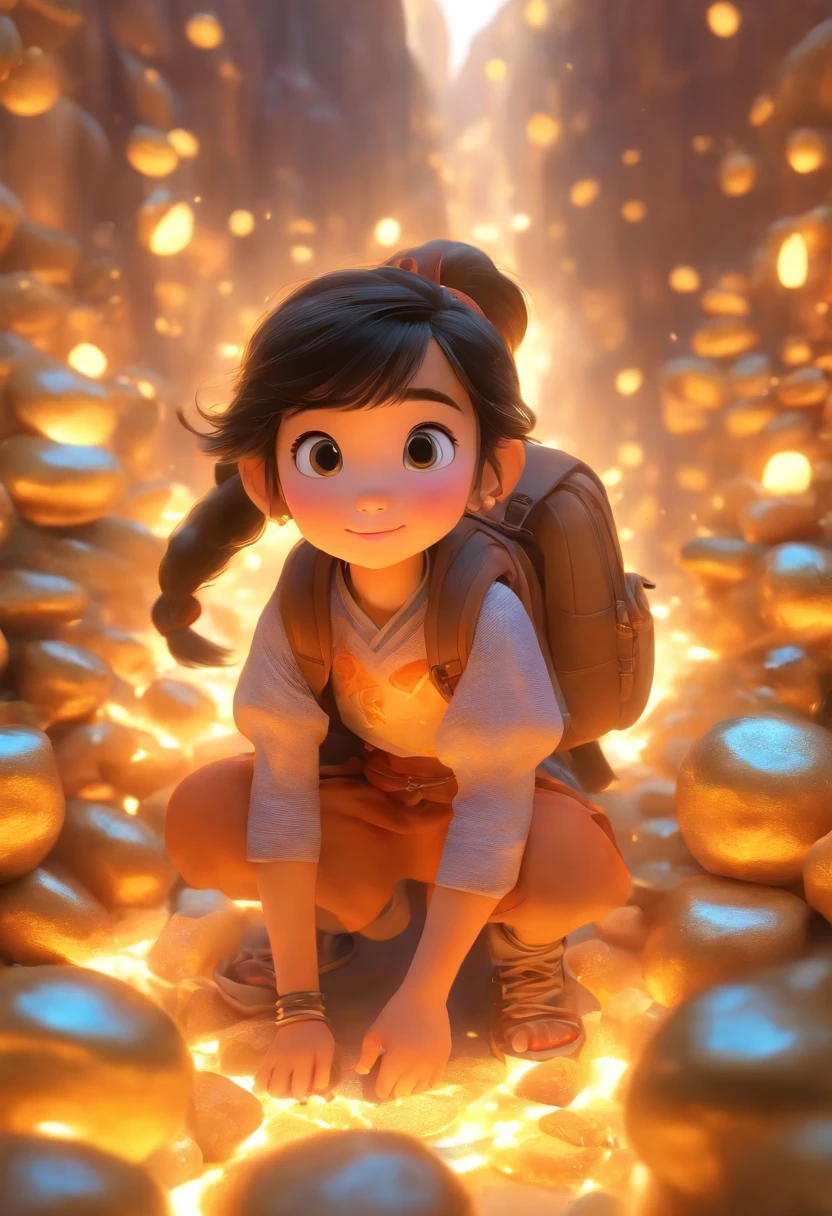 (Pixar style),A -year Chin girl,hole in the mountains,Large backpack,A chest full of gold coins and gems,Miniature character model, Light source from right to left, Rum lighting, Light source from right to left, Realistic proportions, Post-processing, ((Orthogonal perspective)), Super detail, Realistic, Super realistic, photoreal render,