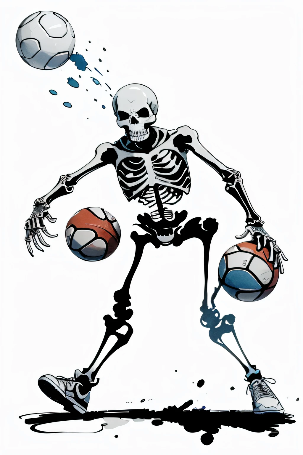 Skeletons are also very agile, so they could easily play sports such as basketball, soccer, or tennis, vector, minimalistic, ink drawing, watercolor splash, detailed, water color splash, detailed, anime, illustration