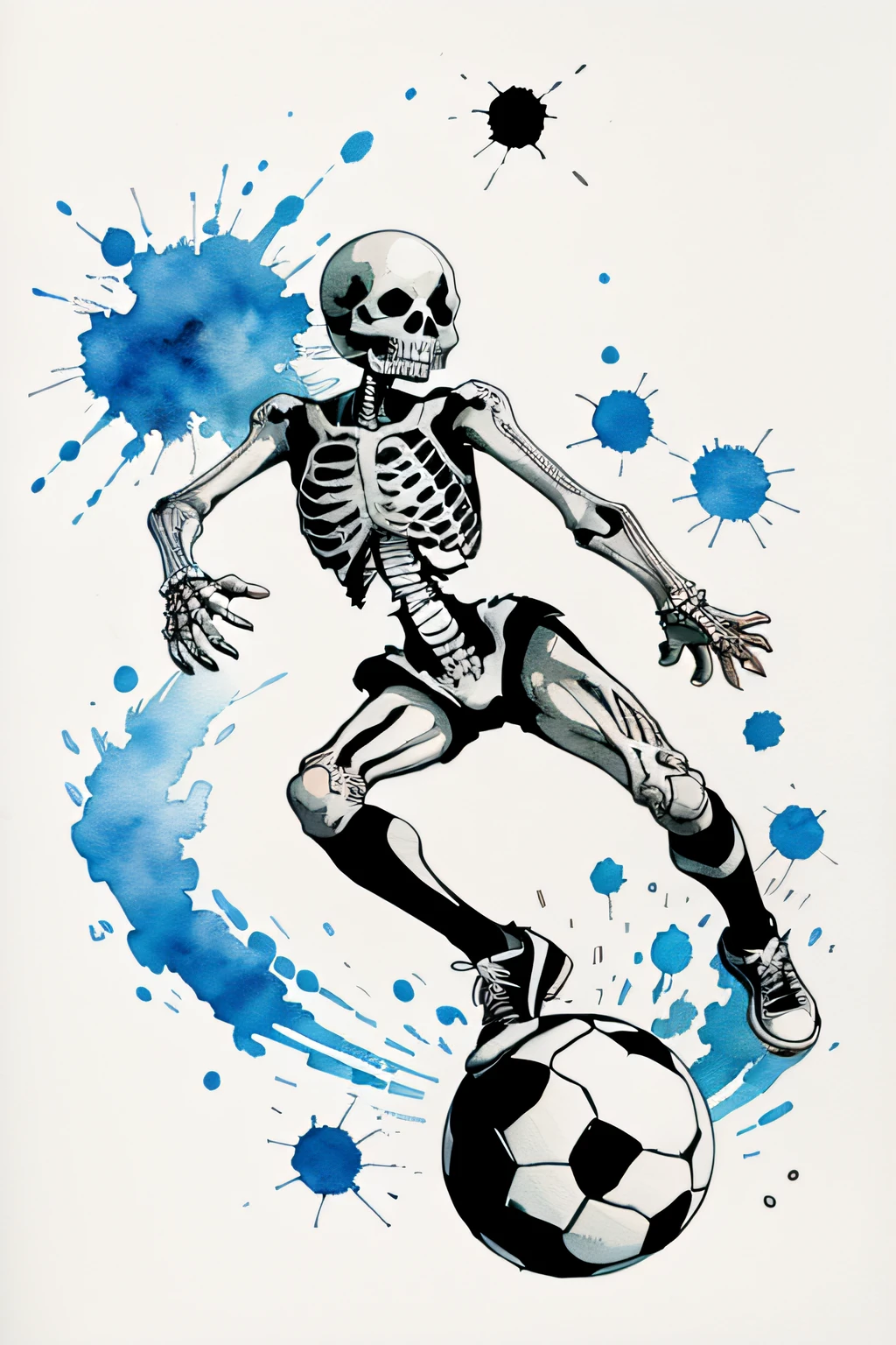 Skeletons are also very agile, so they could easily play sports such as basketball, soccer, or tennis, vector, minimalistic, ink drawing, watercolor splash, detailed, water color splash, detailed, anime, illustration