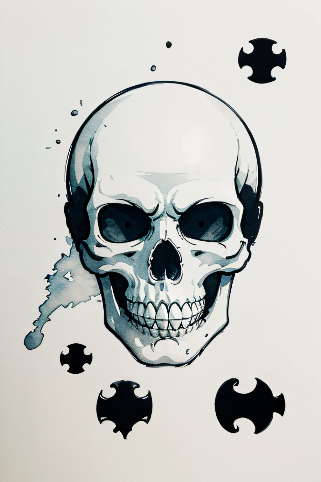 Skeletons have sharp minds, so they would enjoy playing board games and puzzles that require strategic thinking, vector, minimalistic, ink drawing, watercolor splash, detailed, water color splash, detailed, anime, illustration