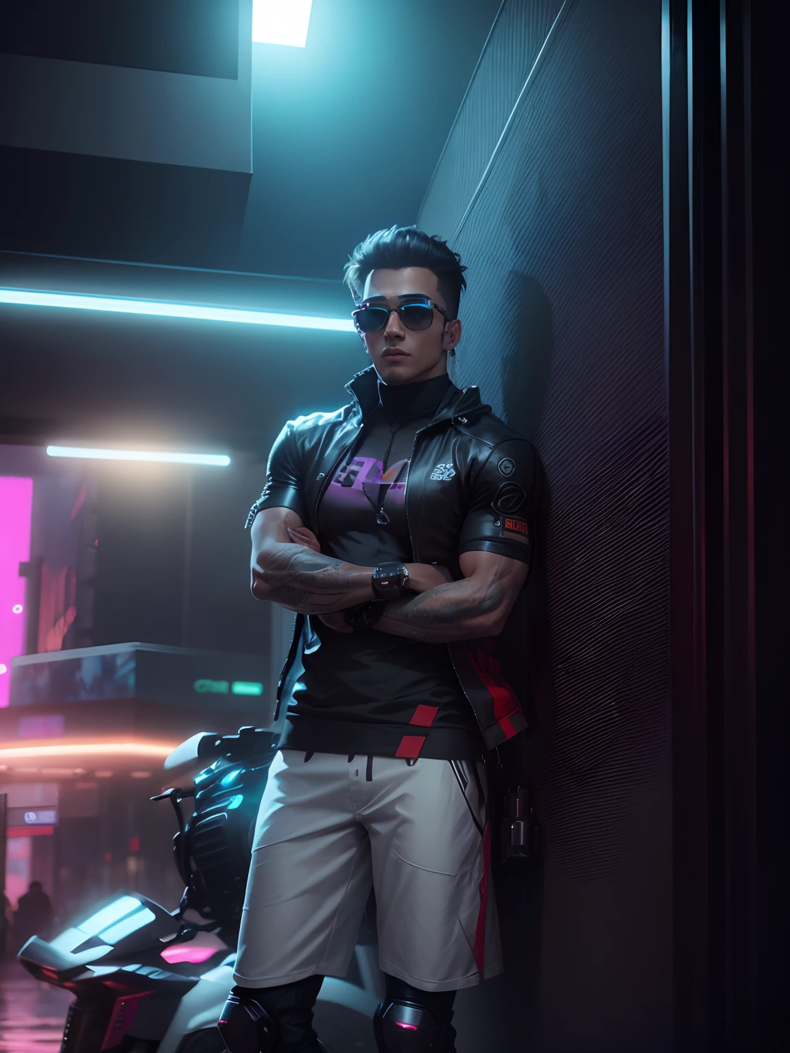Muscular body,8k,Cyberpunk background,dog beside,sunglasses,handsome guy