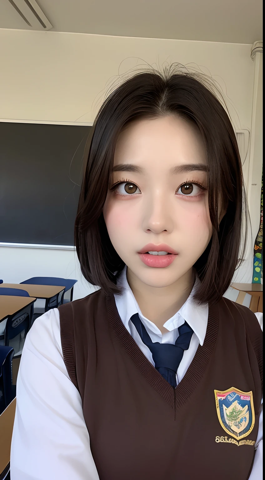 (Top  Quality, high resolucion, ​masterpiece : 1.3), Tall and pretty woman with a slender body, (Dark brown short hair), Wearing a school uniform, in a classroom, Exquisitely rendered details on the face and skin texture, Detailed Eyes, Double eyelidd, Bewitching,