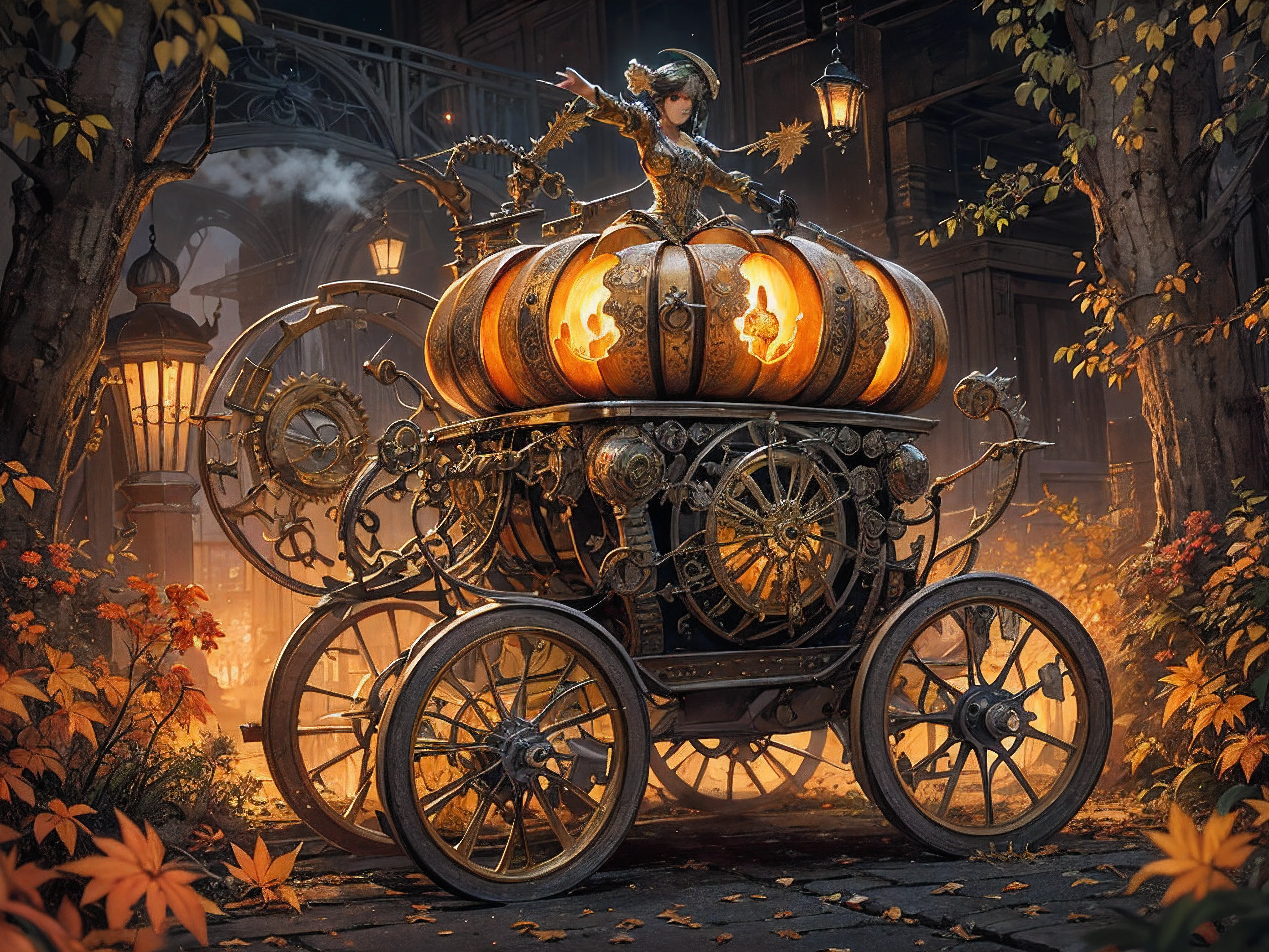 a pumpkin mechanical carriage, vibrant colors, realistic, highres, ultra-detailed, steampunk-style, meticulously carved pumpkin lanterns, elaborate brass gears, ornate Victorian-style decorations, hissing steam, billowing smoke, cobblestone streets, curving wrought-iron lampposts, magical moonlight, enchanted forest, fallen leaves swirling in the wind, sparkling fairy lights, surreal shadows, dark alleys, mysterious figures, spooky atmosphere, luminous full moon, hauntingly beautiful, ethereal ambiance, rays of moonlight piercing through the dense fog, whispering winds, crackling fire, whirling autumn leaves, antique clockworks, mechanical parts moving in perfect synchronization, intricate pumpkin vines, cascading vines and flowers, ornamental carvings with intricate filigree, clockwork carriage wheels, golden harvest decorations, smell of spices in the air, enchanting music echoing through the night, hidden mysteries waiting to be discovered, unsettling but captivating, mesmerizing and surreal journey.