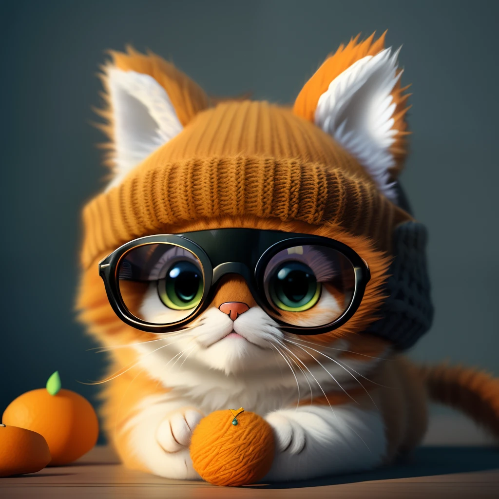 there is a cat wearing glasses and a knitted hat, adorable digital painting, cute 3 d render, cute digital art, cute detailed digital art, the cat is orange, orange cat, cute cat, an orange cat, cute cat photo, cute! c4d, cute artwork, lemon wearing sunglasses, furry artist, “portrait of a cartoon animal, funny cat