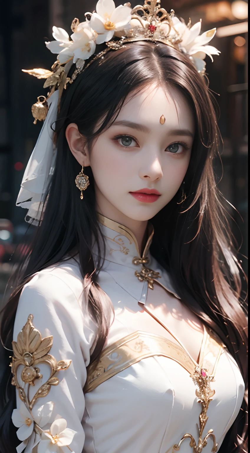 Portrait of a young saint of 20 years old, Saint with a beautiful and super cute face,Wearing a very thin and sexy Ao Dai, Beautiful cute face, There is a deep slit in the chest、Black and white lace trim attractive Ao Dai, Beautiful face without blemish, Lovely smile, ((7 colors of hair length:1.2)), Big Crown, Hair brooch, Hamf Dress, Chinese ancient style, Full Body Jewelry, Tattoo on the forehead, The breasts of the female saint are round、It's so full, Breast augmentation surgery, Innocent face, The most beautiful and detailed pale red lipstick, ((thin plump lips:0.3)), Delicate pink and white eyes (White and detailed) Cinematic, Light and Darkness, Dramatic Lighting, magical light, Highly detailed light, True Color, Super sharp, Realistic, The 8k quality, Fantasy universe background, Saints and magical spaces, The most detailed image, Solo, saints, ((See the saint's upper body directly:0.4)), ((Smooth skin:0.5)),