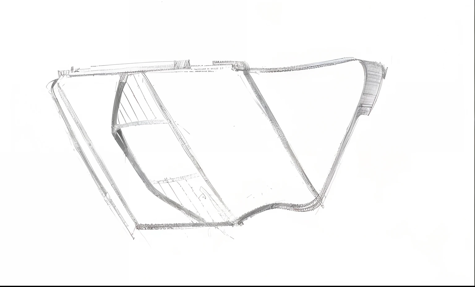 top down drawing, smooth draw, loosely cross hatched, over the shoulder perspective, sketch of oculus rift, concept sketches, very flat shading, dissection sketch, The truncated snout under the visor, Simple drawing, a pencil sketch, simple shading, clean lines in dark pen