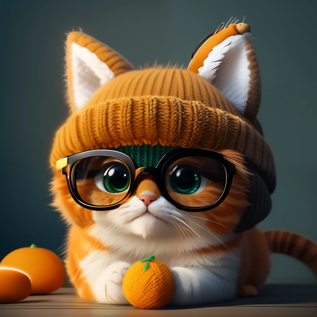 there is a cat wearing glasses and a knitted hat, adorable digital painting, cute 3 d render, cute digital art, cute detailed digital art, the cat is orange, orange cat, cute cat, an orange cat, cute cat photo, cute! c4d, cute artwork, lemon wearing sunglasses, furry artist, “portrait of a cartoon animal, funny cat
