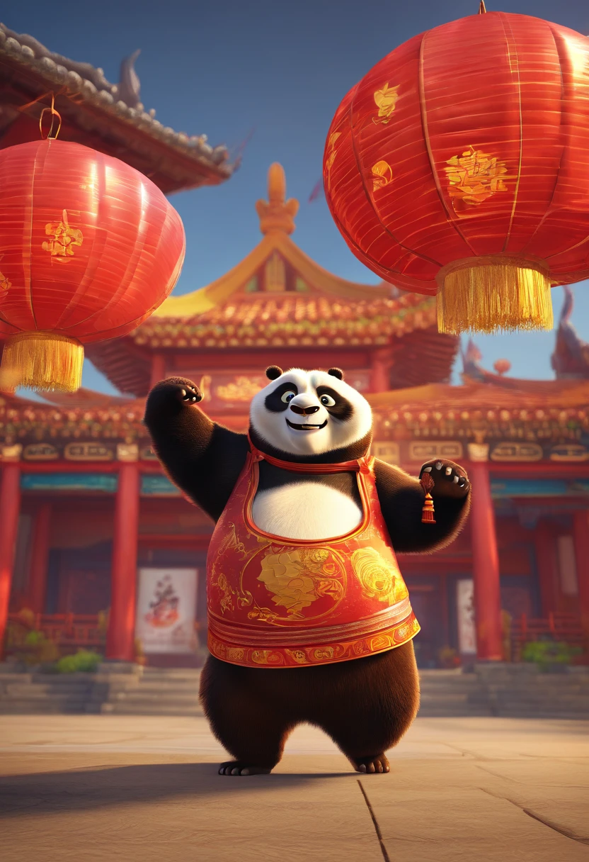 DreamWorks Kung Fu Panda style,Look up,UE5,A child in a Tang costume dances a happy dragon,lion dance,Lanterns are hung on both sides,Fireworks