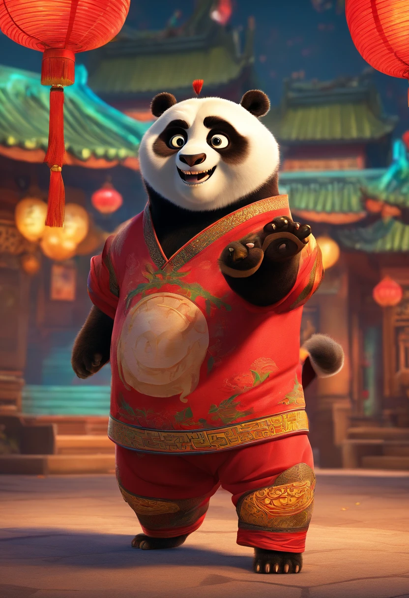 DreamWorks Kung Fu Panda style,Look up,UE5,A child in a Tang costume dances a happy dragon,lion dance,Lanterns are hung on both sides,Fireworks