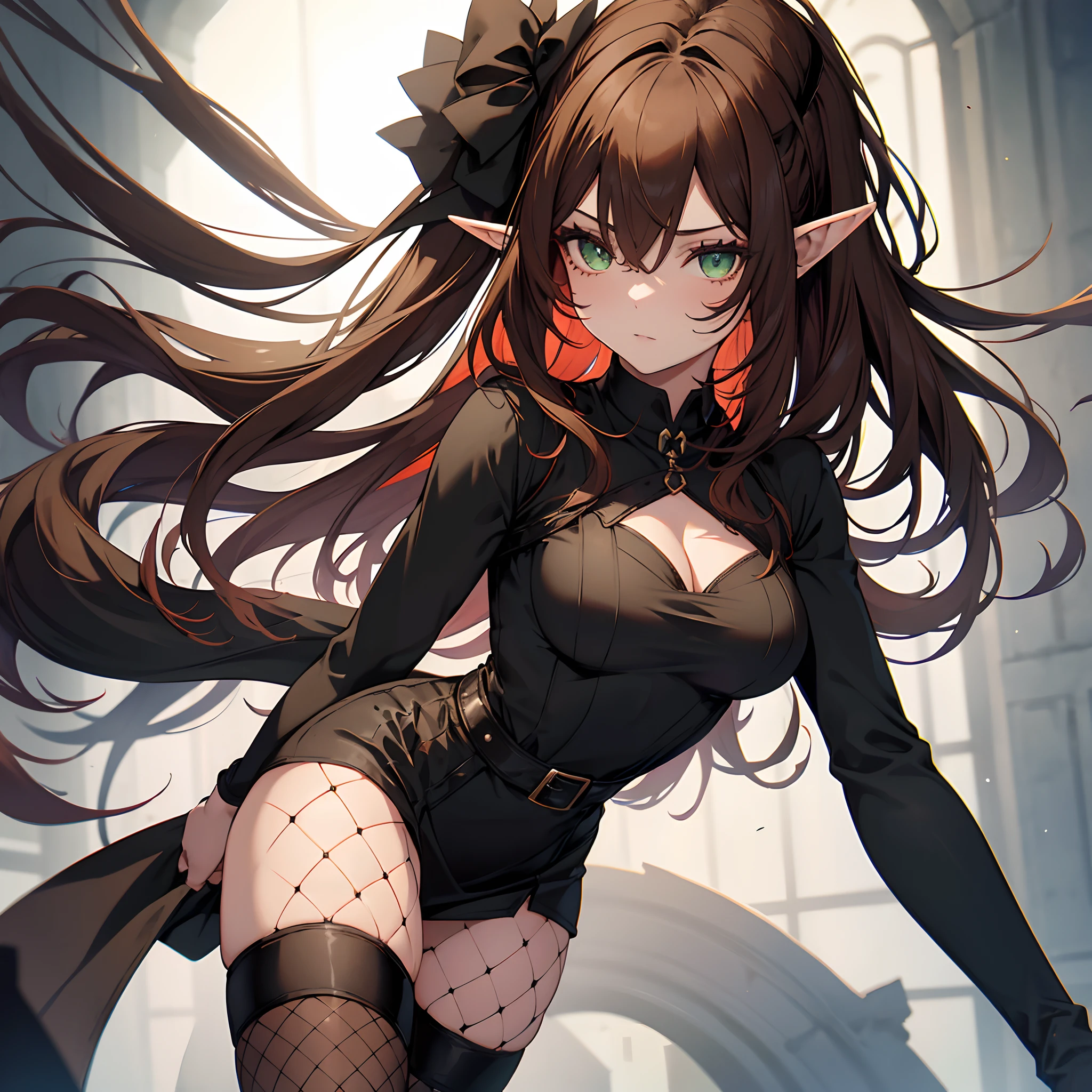1 girl, solo, square head, beautiful lady, bright brown hair with red tips, green eyes, elf ears, gothic style dress, tight dress, short skirt, black leg fishnets over black kneehighs, dark makeup