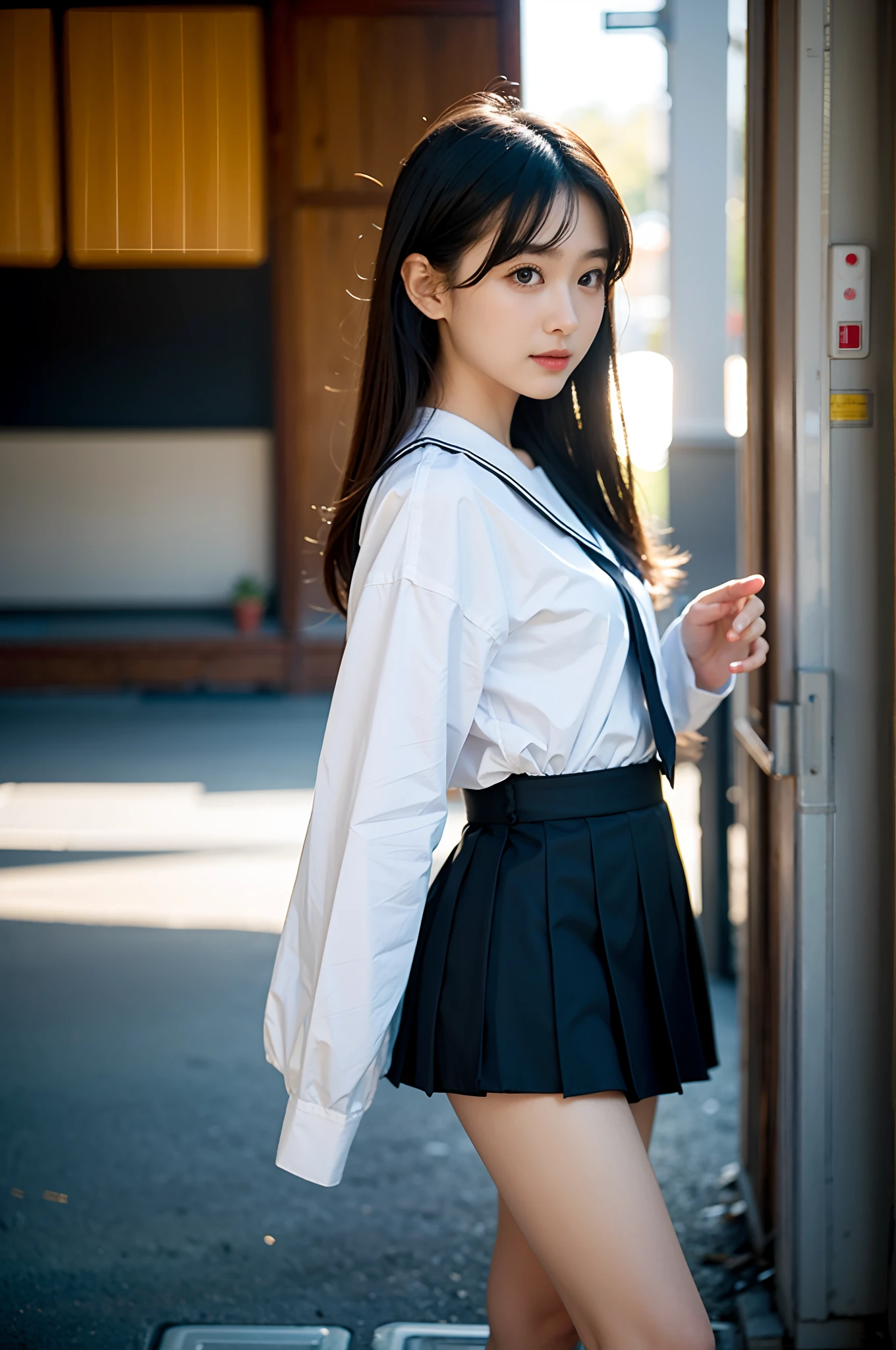 ​masterpiece, top-quality、Raw foto, Photorealsitic、I have two girls who are 18 years old、Walk while having a pleasant conversation、sideshot、a closeup、Open your mouth and laugh、Short bob blonde and long black hair、Japan High  Girl、a sailor suit、Knee-length skirt、校服、Idol、Smaller chest、unbelievable Ridiculous、depth of fields, hight resolution, ultra-detailliert, foco nítido, Cinematic lighting