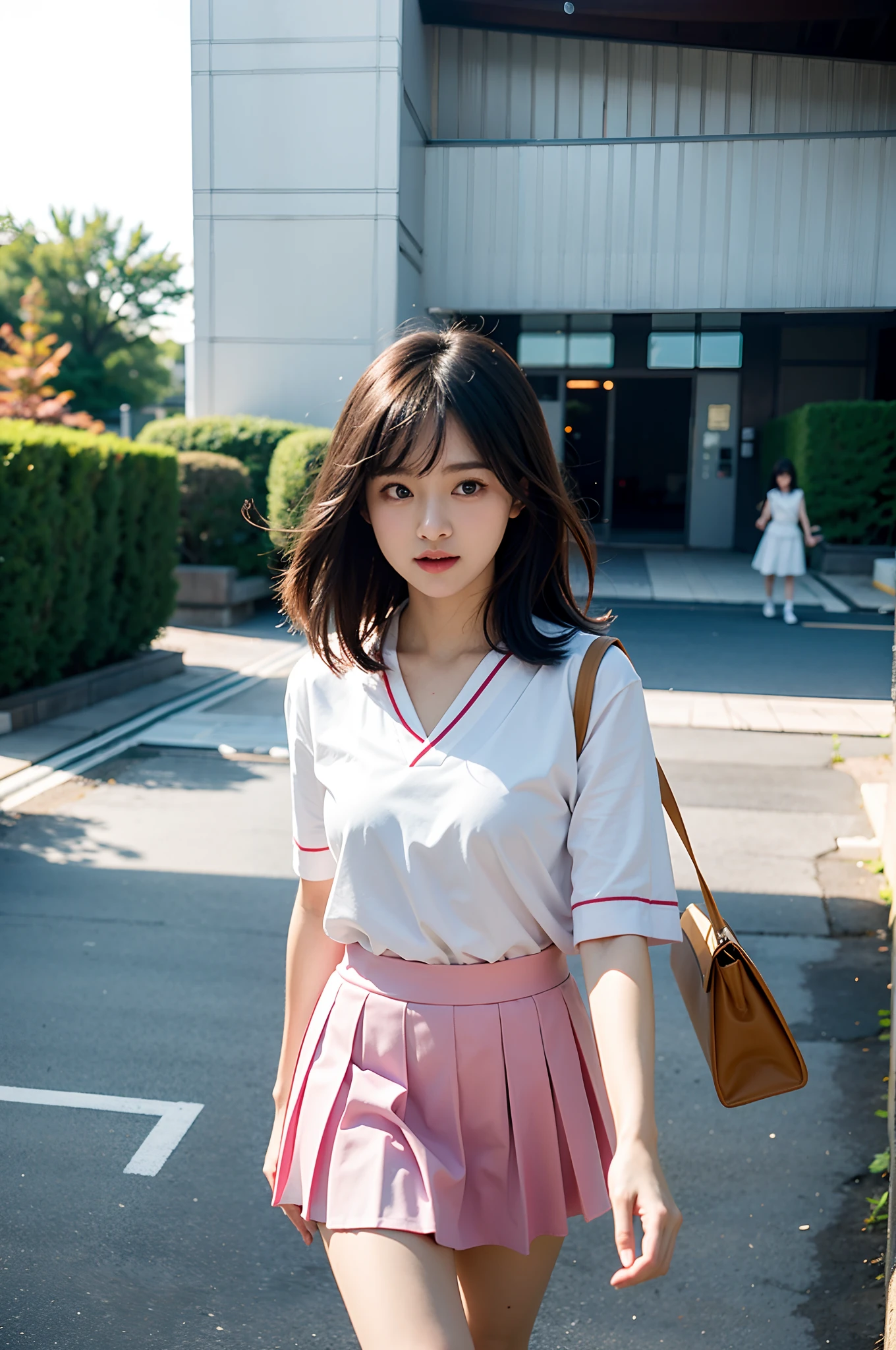 masterpiece, top-quality、Raw foto, Photorealsitic、I have two girls who are 18 years old、Walk while having a pleasant conversation、sideshot、a closeup、Open your mouth and laugh、Short bob blonde and long black hair、Japan High School Girl、a sailor suit、Knee-length skirt、校服、Idol、Smaller chest、unbelievable Ridiculous、depth of fields, hight resolution, ultra-detailliert, foco nítido, Cinematic lighting