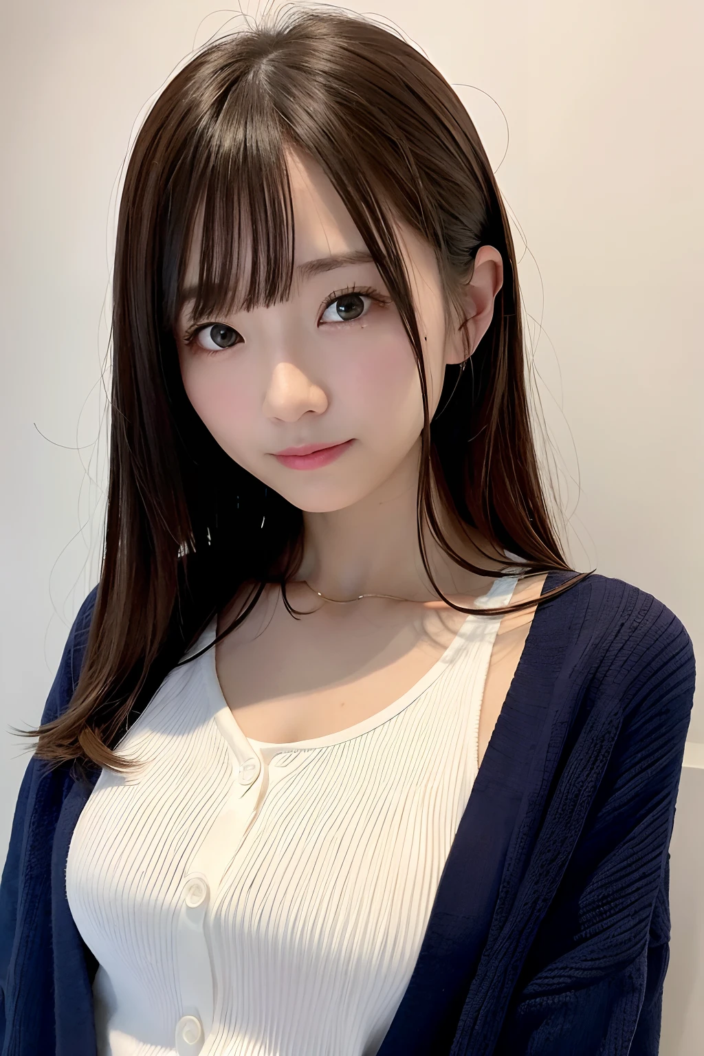 Ordinary woman in plain clothes、Harsh flash photography、[photos realistic]!!,Candid flash photography、magnifica、Masa Nakayama、flash photo、Sui Ishida、Do not copy hands、adult lady、White wall background、Photo from the front、Promotional photos、Cute clothes、Beautiful clothes、Wearing a cardigan