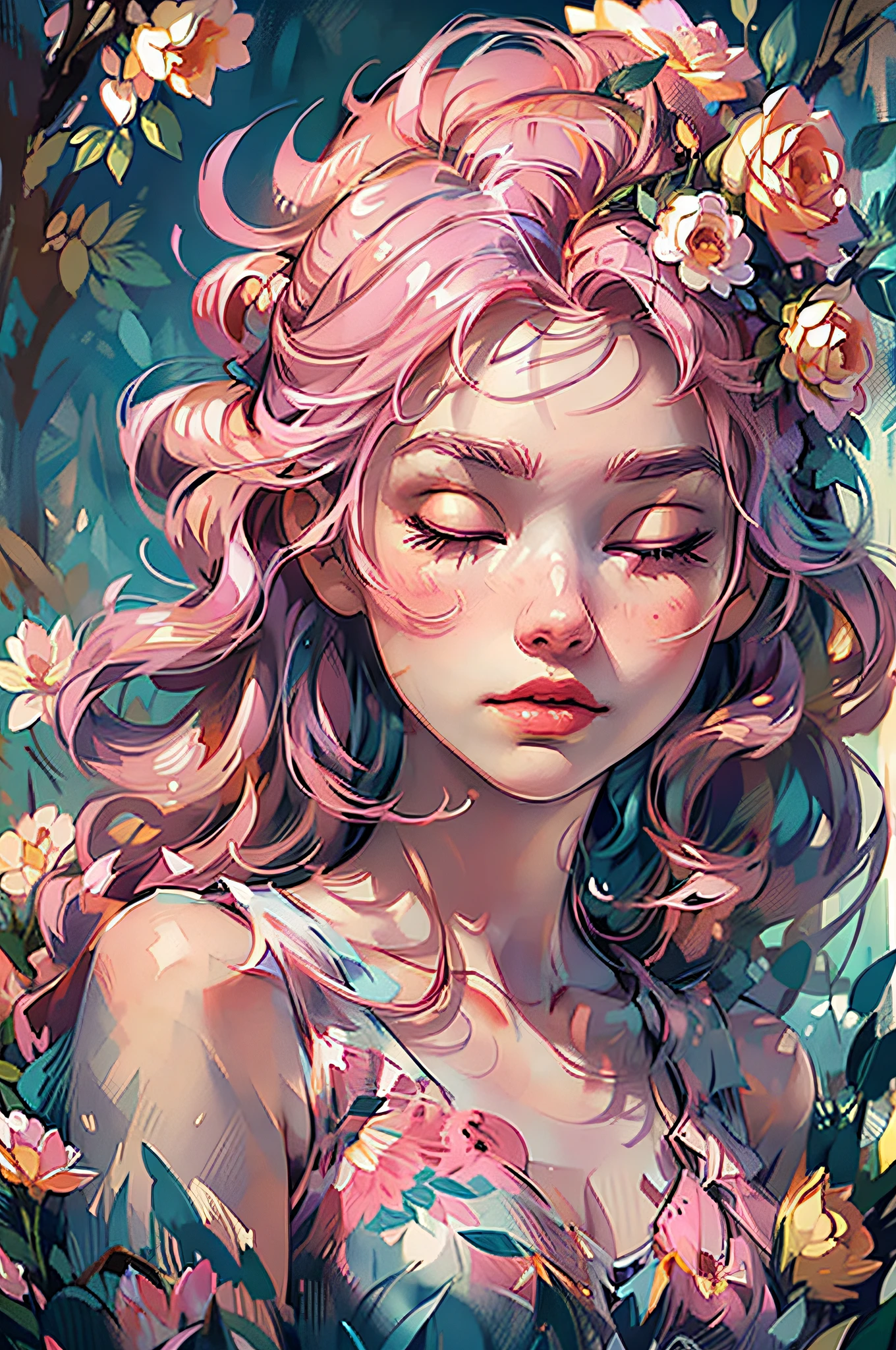 (a girl, solo exhibition, flowers, dress, blonde hair, closed eyes, pink flowers, roses, lying, white dress, pink roses, in the background, lips, makeup, sleeveless, floral print) (best quality, 4k, 8k, highres, masterpiece:1.2), ultra-detailed, (realistic, photorealistic, photo-realistic:1.37), HDR, UHD, studio lighting, extreme detail description, professional, vivid colors, portraits, pastel colors, soft lighting